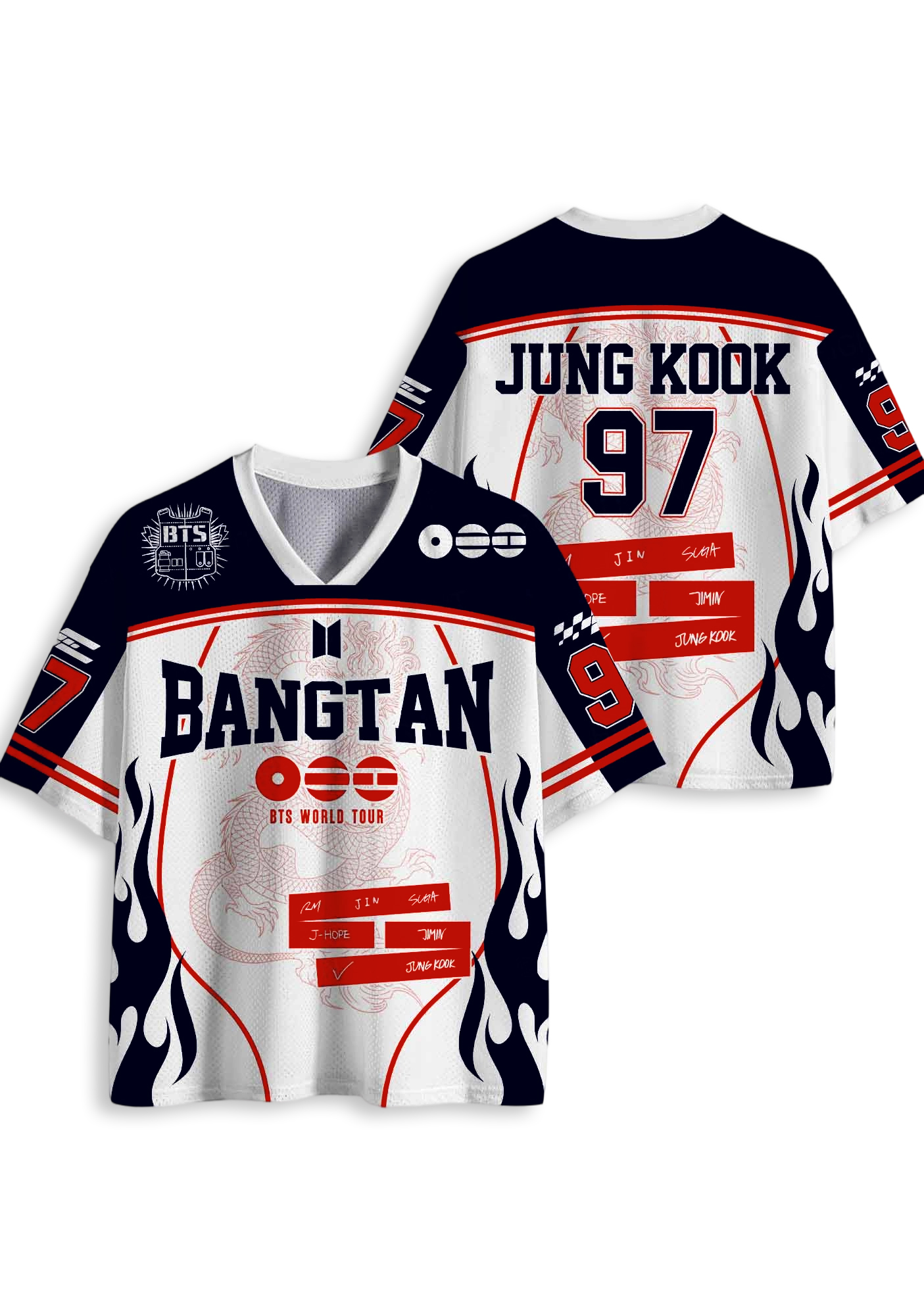 Y2K BTS Bangtan Flames Mesh Jersey Shirt