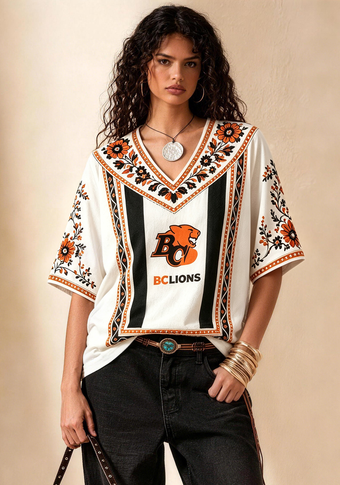 Boho Floral Border BC Lions V-Neck Blouse