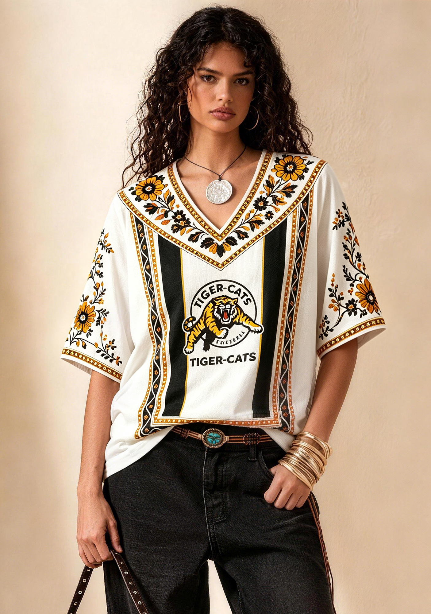 Boho Floral Border Hamilton Tiger-Cats V-Neck Blouse