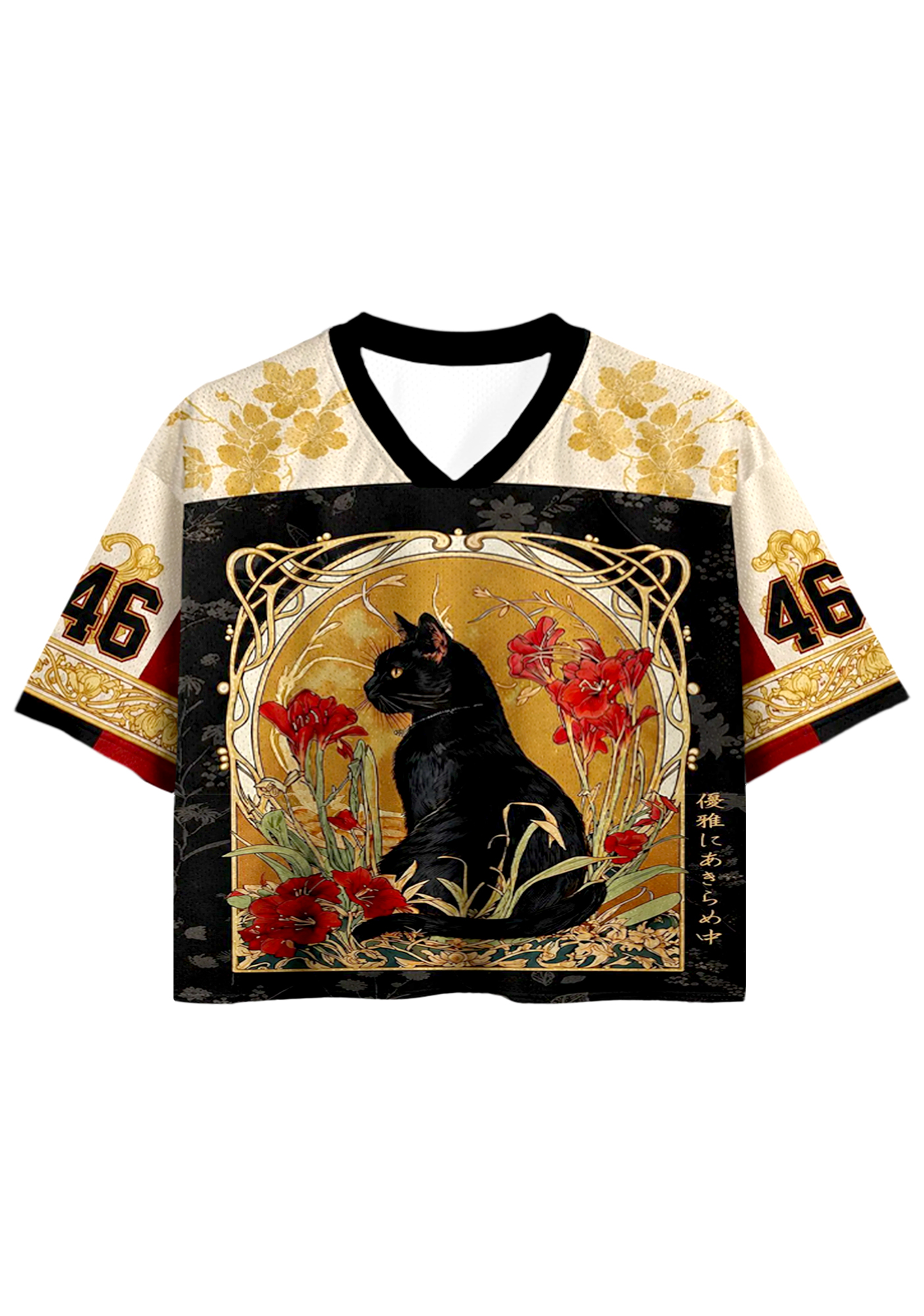 Vintage Art Nouveau Black Cat Floral Print Cropped Jersey Shirt