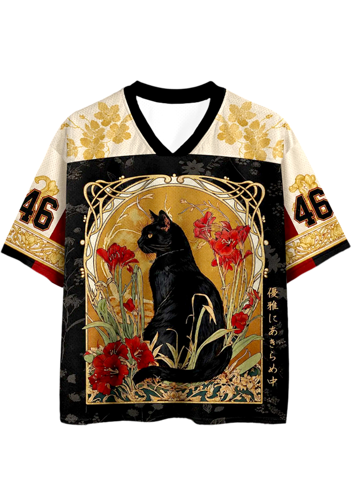 Vintage Art Nouveau Black Cat Floral Mesh Jersey Shirts