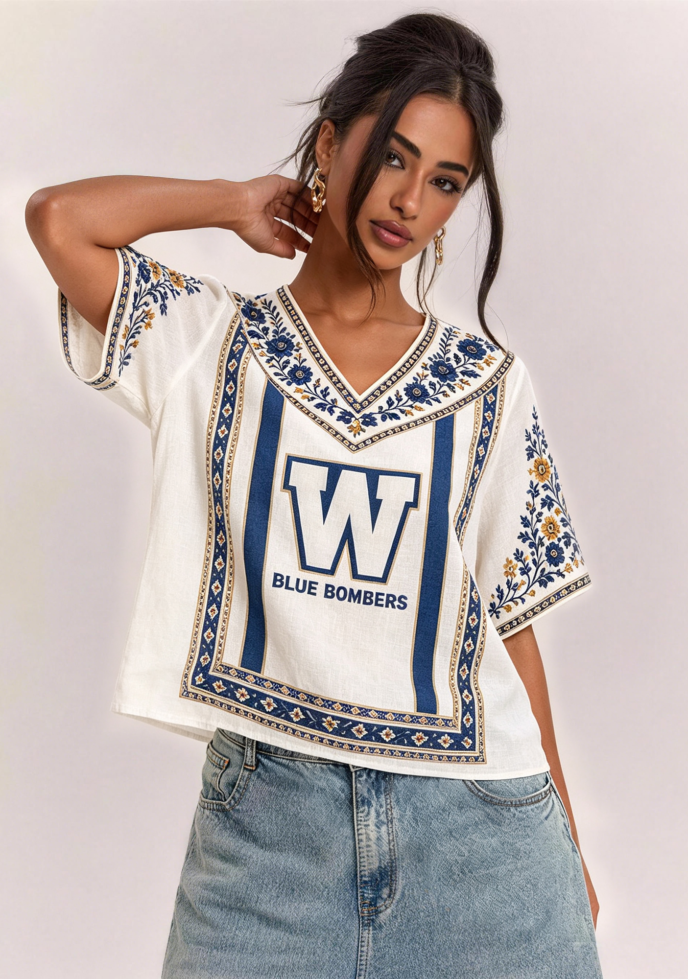 Boho Floral Border Winnipeg Blue Bombers V-Neck Blouse