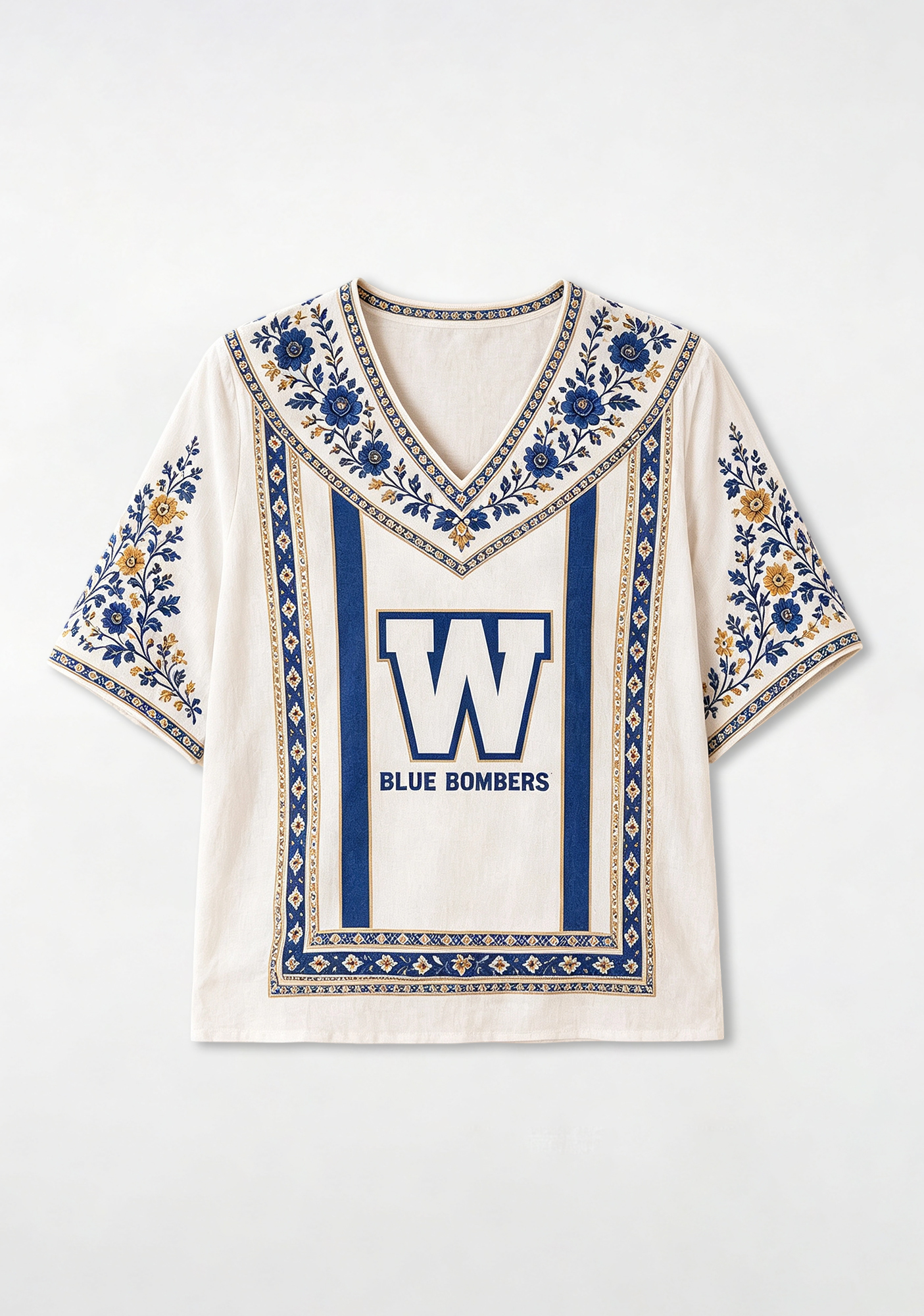 Boho Floral Border Winnipeg Blue Bombers V-Neck Blouse