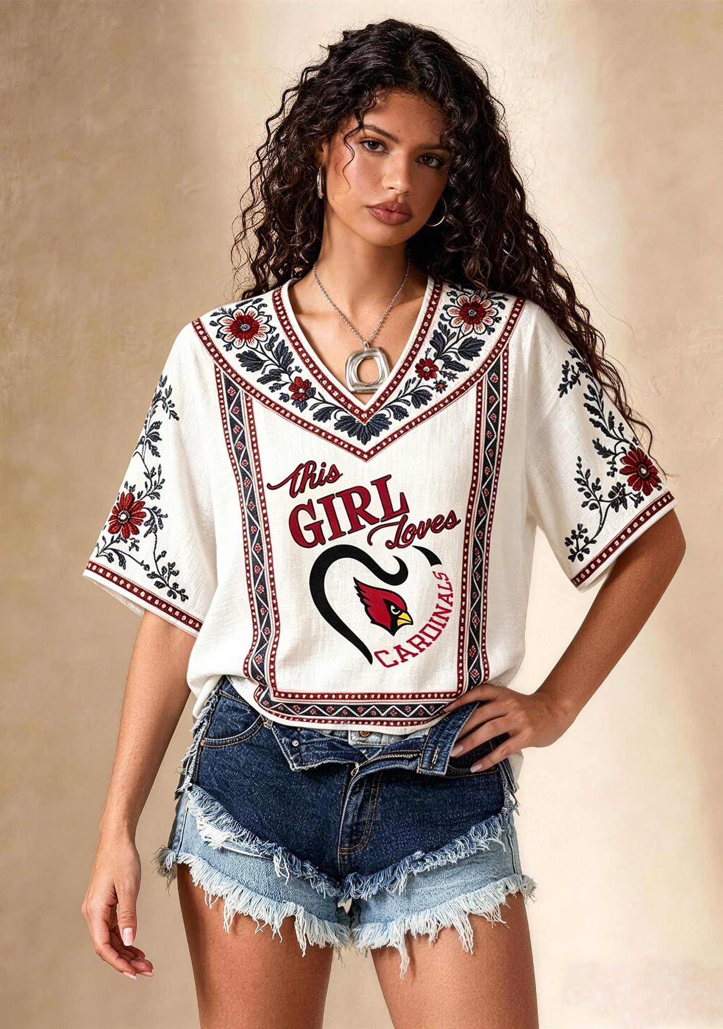 Boho Floral Border Arizona Cardinals V-Neck Blouse