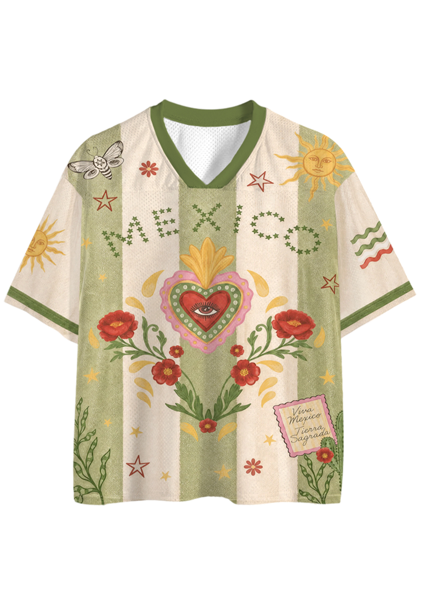 Mexico Folk Art Sacred Heart Poppy Sun Mesh Jersey Shirts