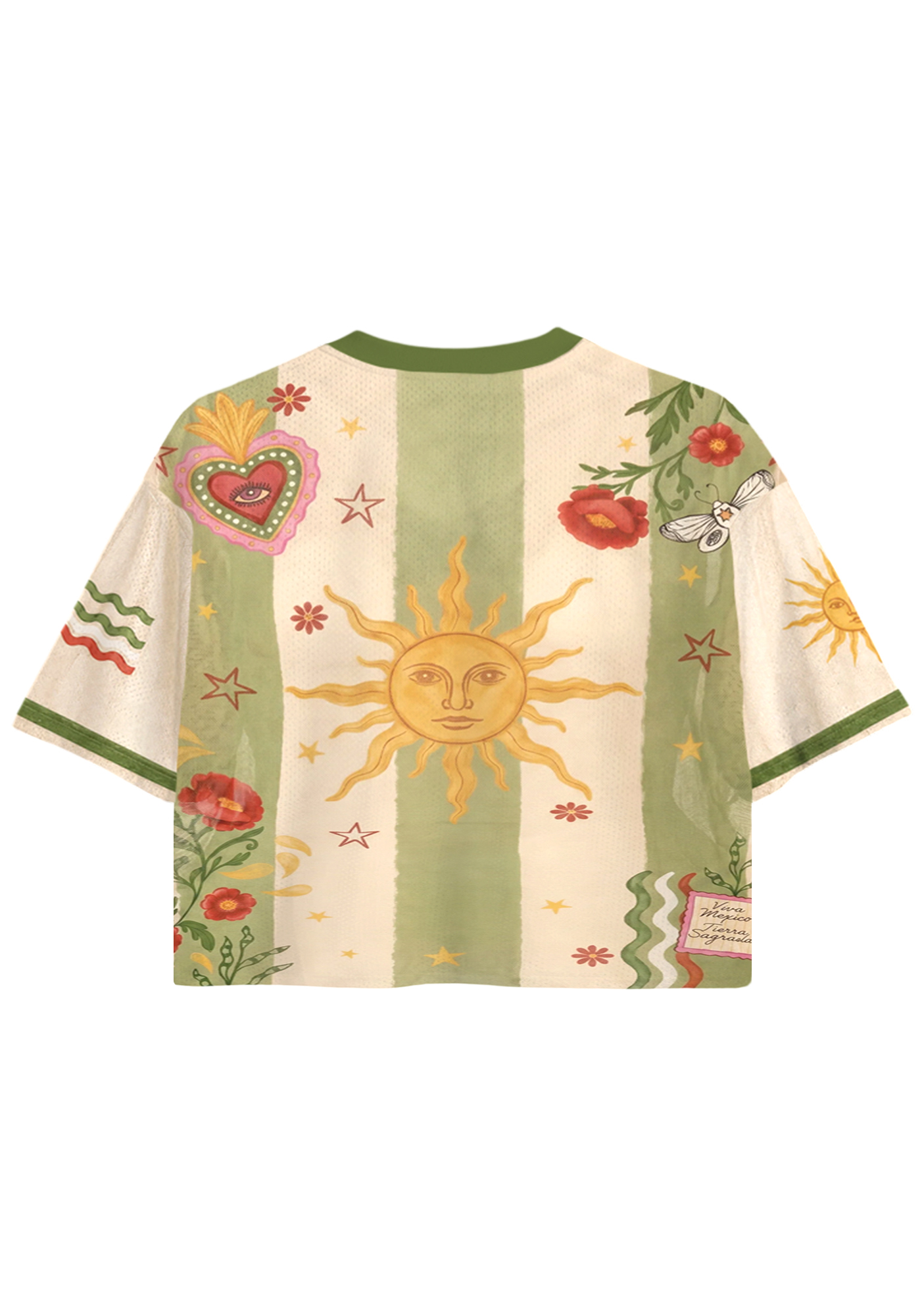Mexico Folk Art Sacred Heart Poppy Sun Cropped Jersey Shirt