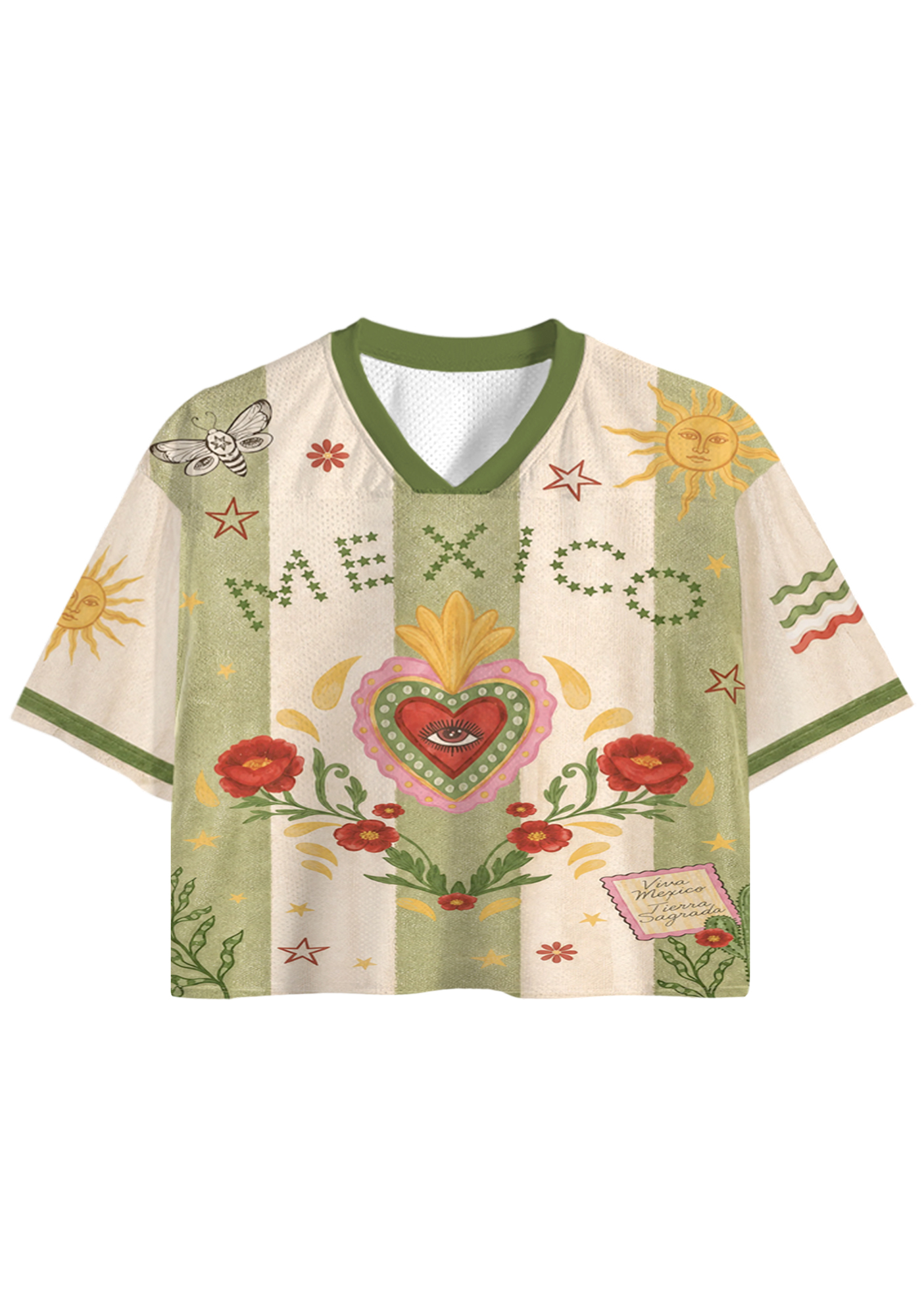 Mexico Folk Art Sacred Heart Poppy Sun Cropped Jersey Shirt