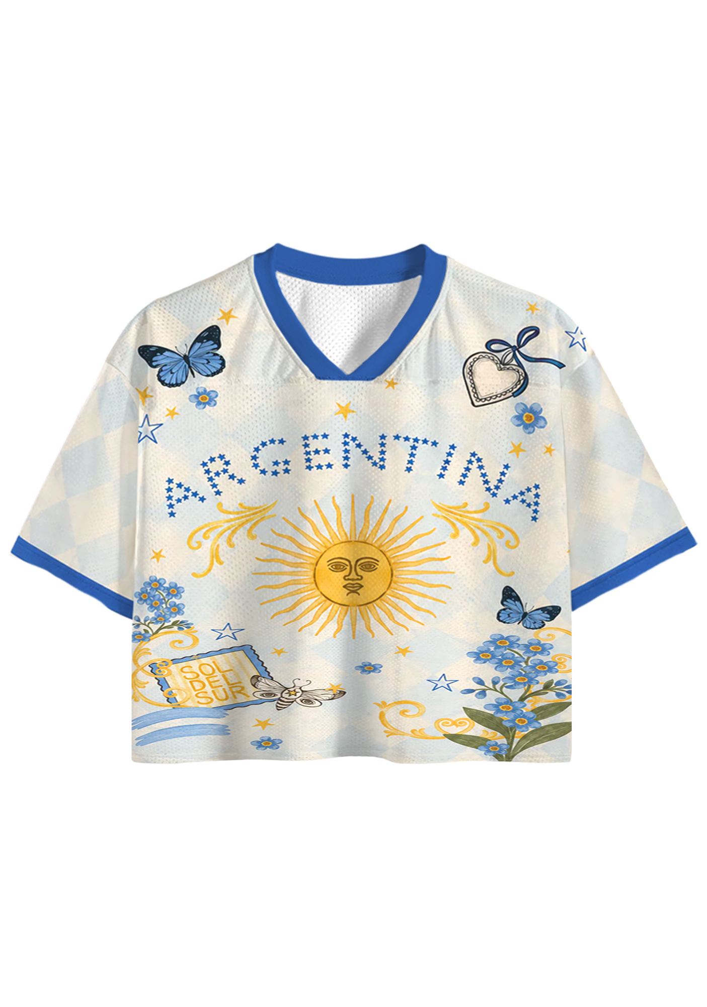 Argentina Sun of May Floral Butterfly Cropped Jersey Shirt