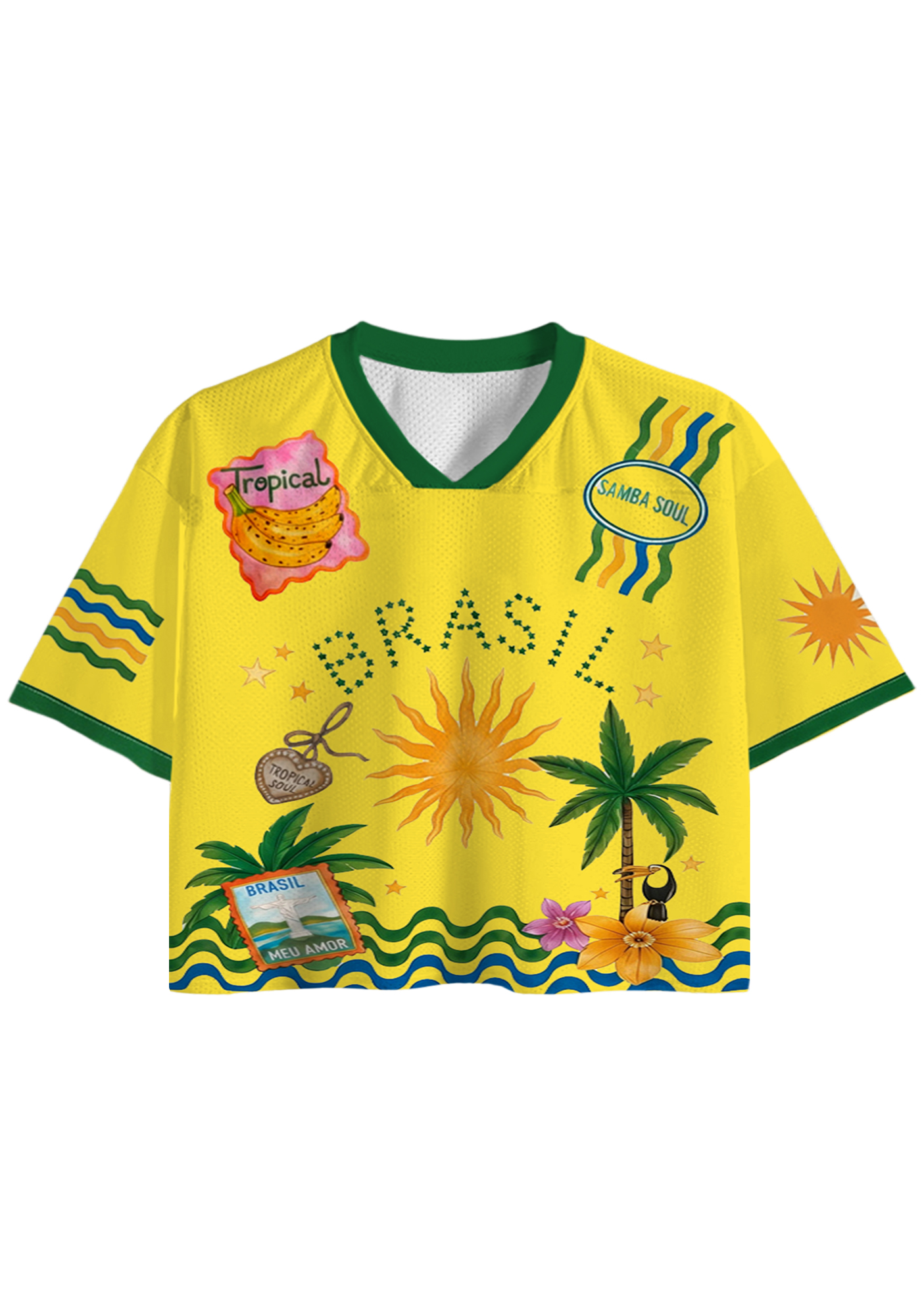 Tropical Brasil A Sticker-Book Style Cropped Jersey Shirt