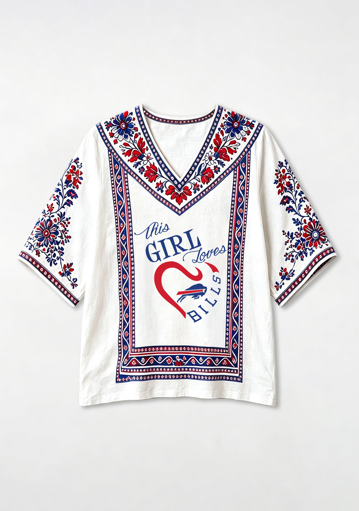 Boho Floral Border Buffalo Bills V-Neck Blouse