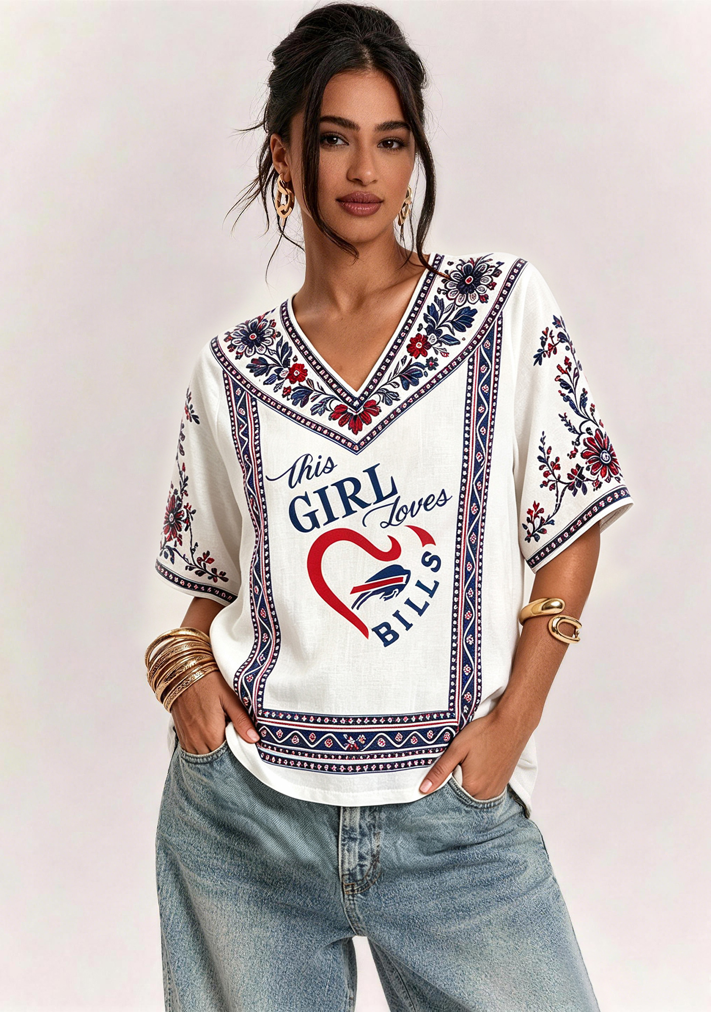 Boho Floral Border Buffalo Bills V-Neck Blouse