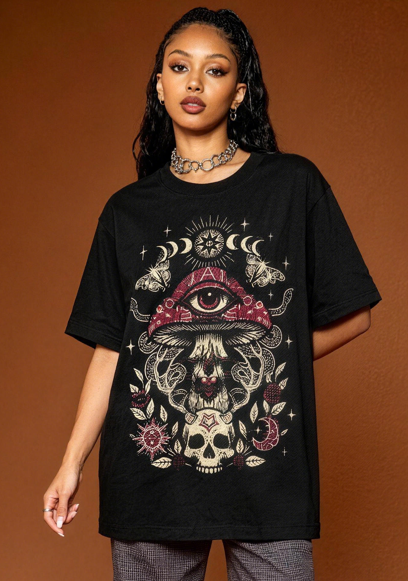 Dark Occult Mushroom Skull Snake Moon Phase Graphic T-Shirt