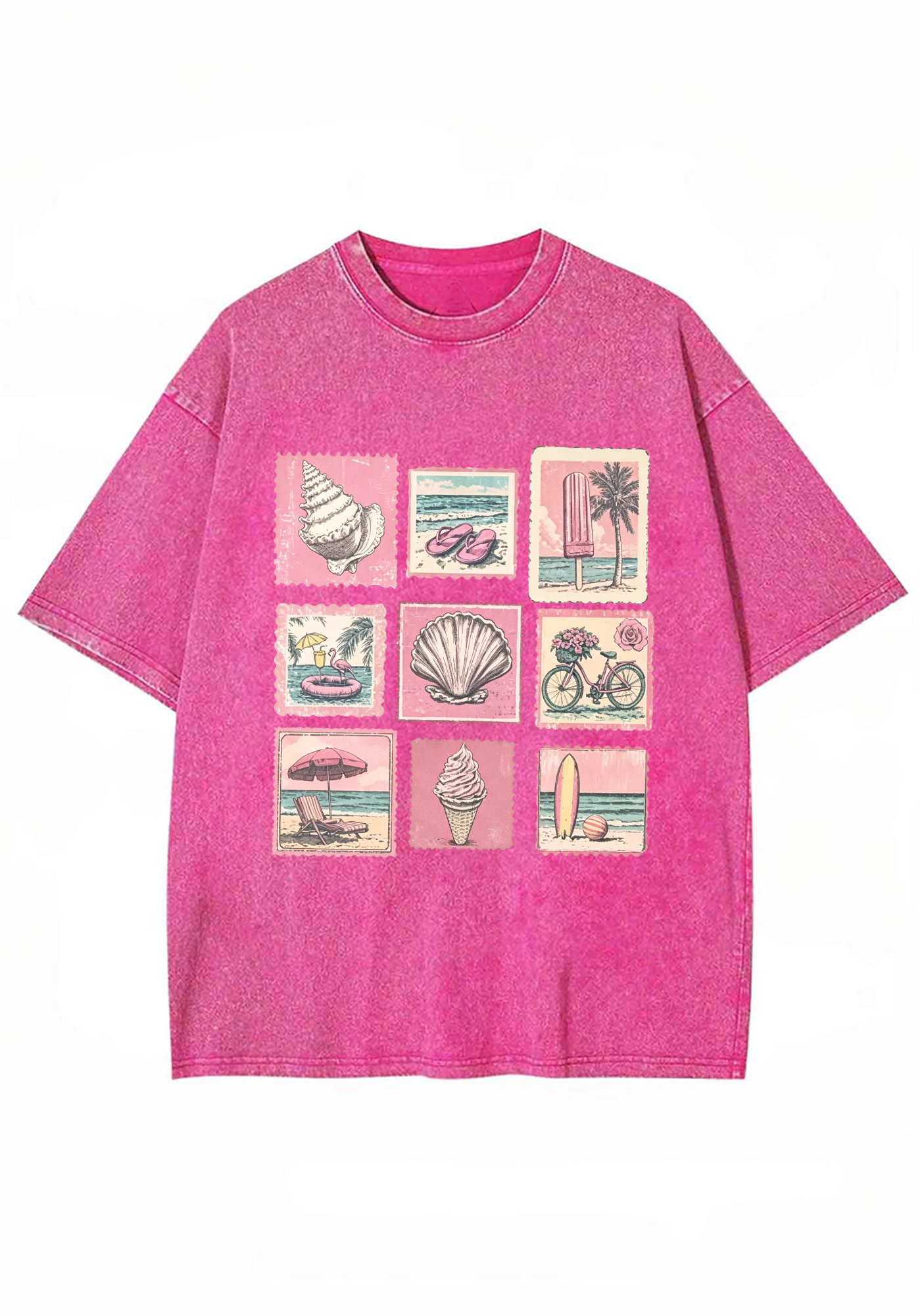 Vintage Pink Beach Stamp Collage Washed Tee
