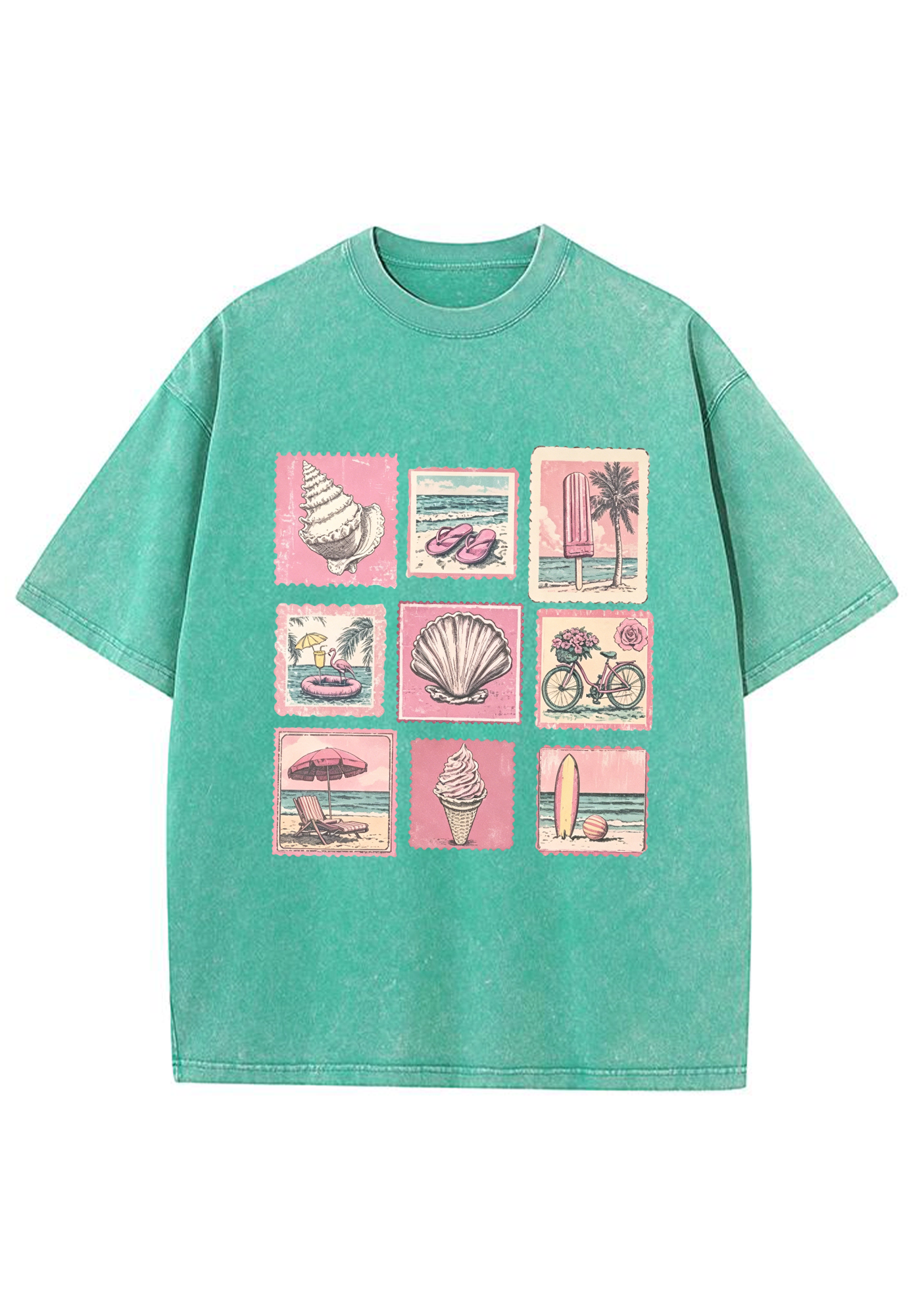 Vintage Pink Beach Stamp Collage Washed Tee