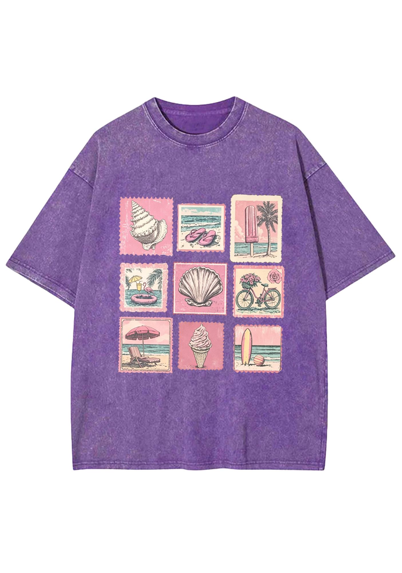 Vintage Pink Beach Stamp Collage Washed Tee