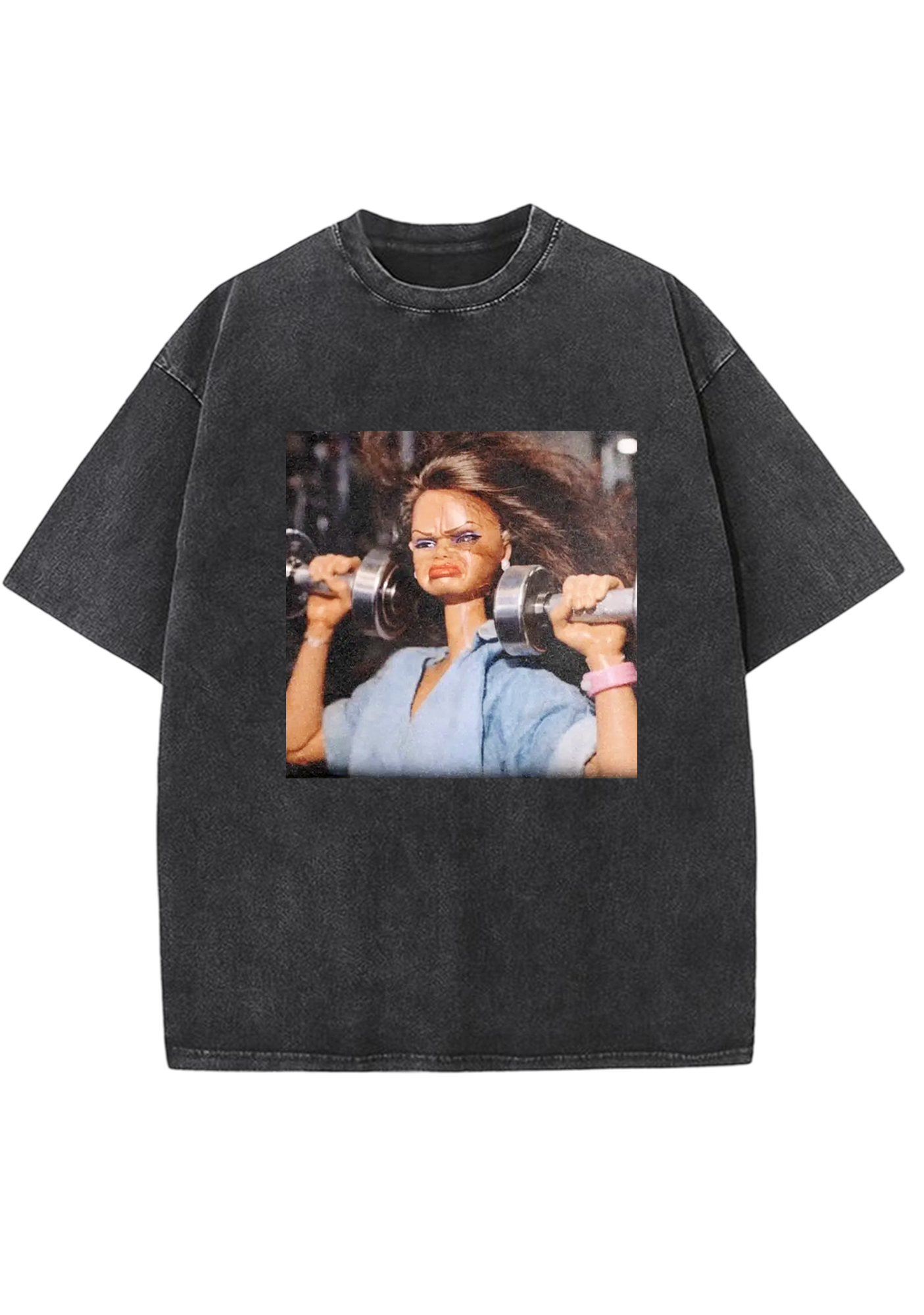 Gym Barbie Lifting Weights Meme Y2K Washed Tee
