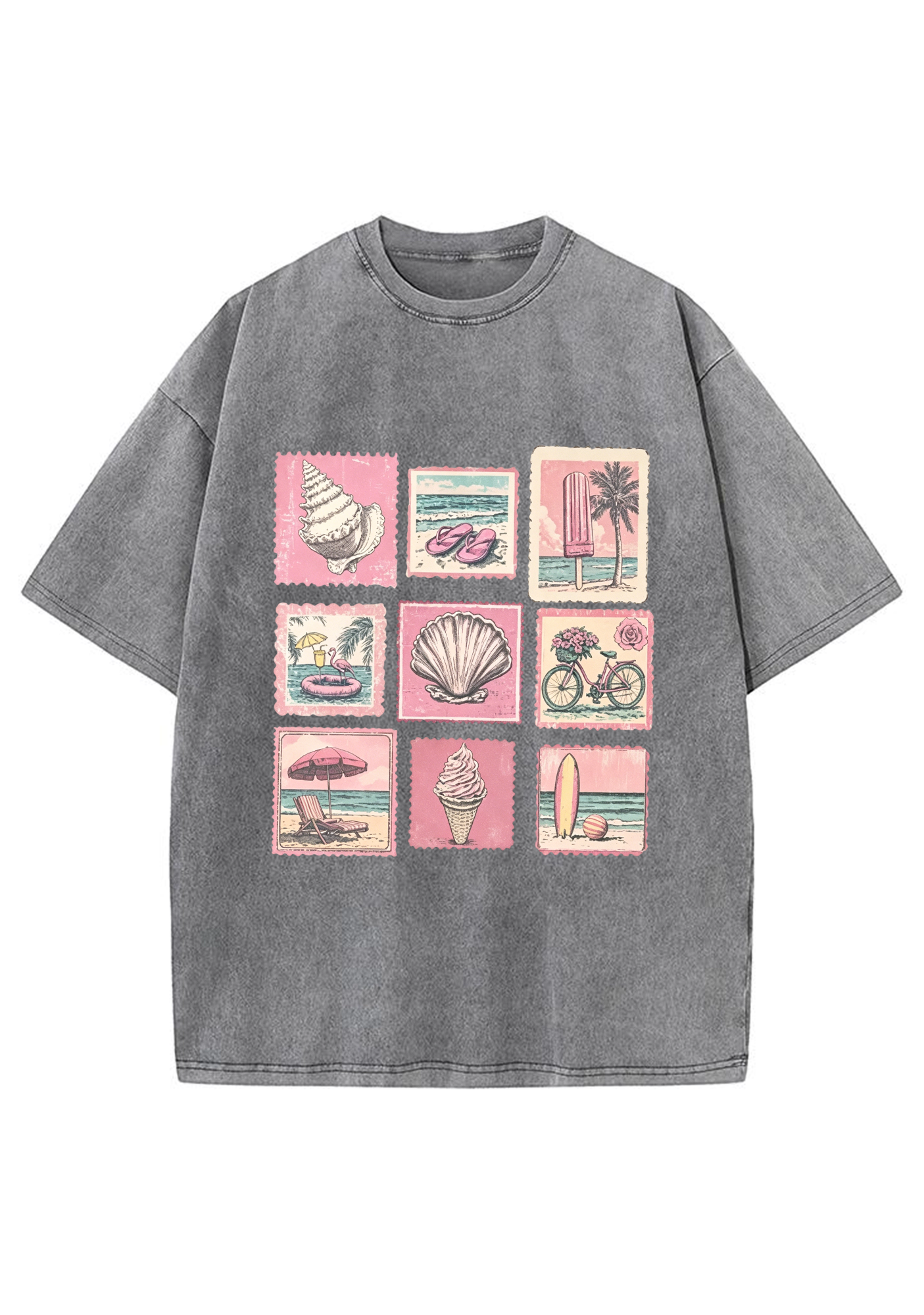 Vintage Pink Beach Stamp Collage Washed Tee