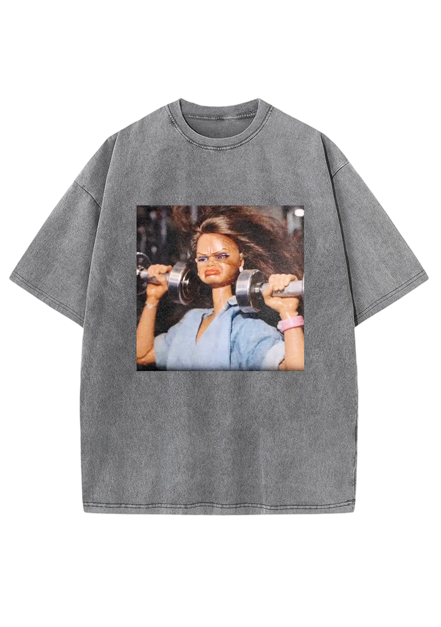 Gym Barbie Lifting Weights Meme Y2K Washed Tee