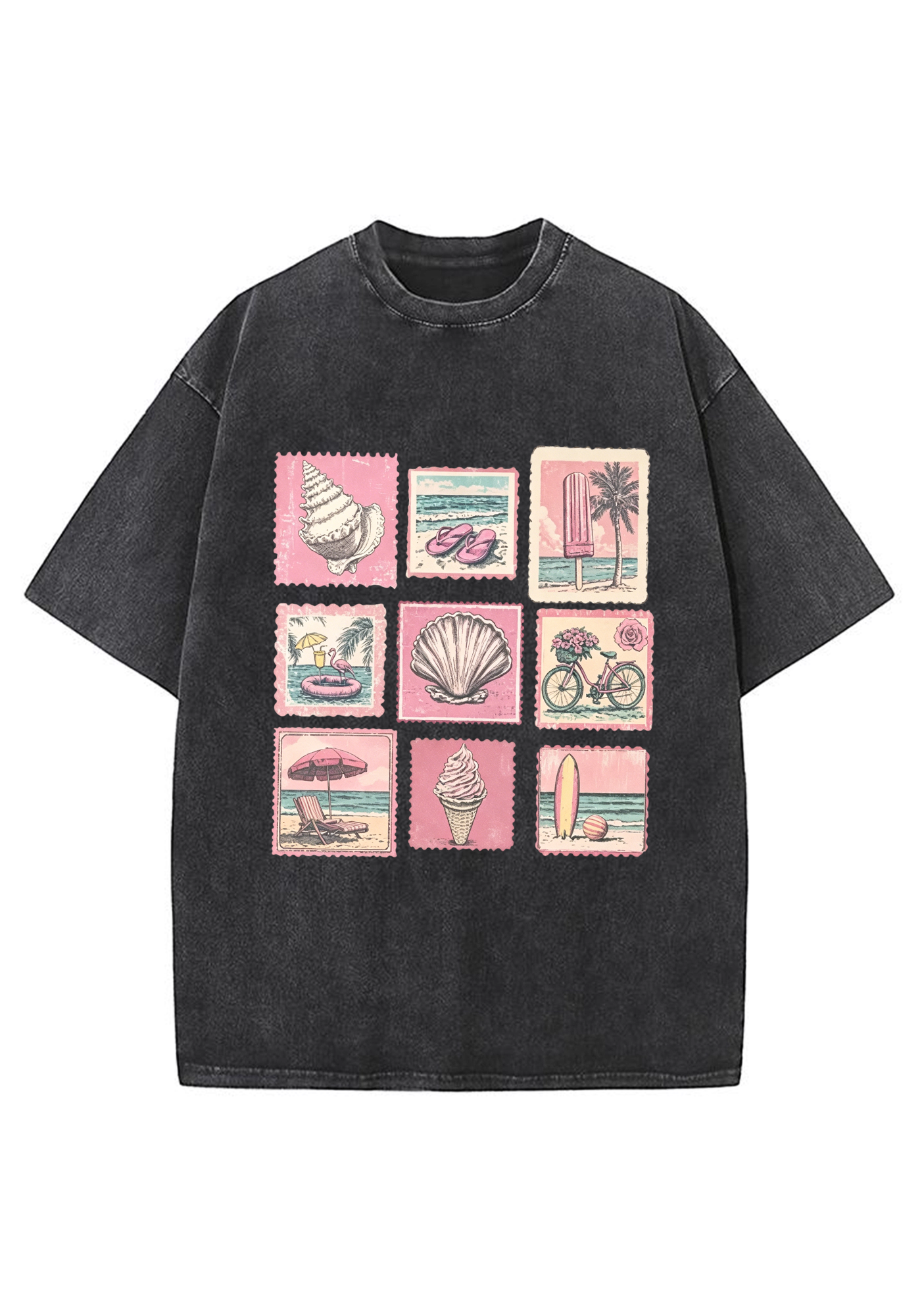 Vintage Pink Beach Stamp Collage Washed Tee