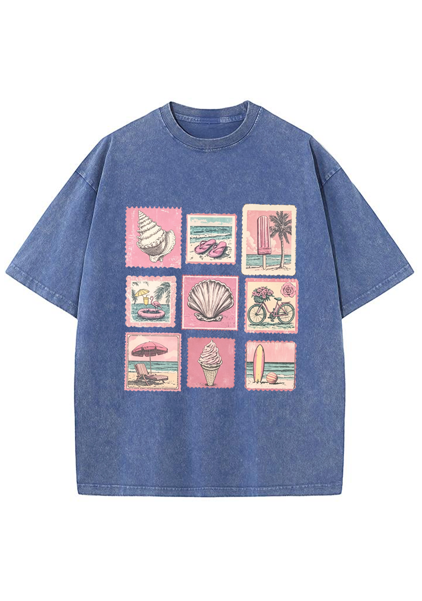 Vintage Pink Beach Stamp Collage Washed Tee