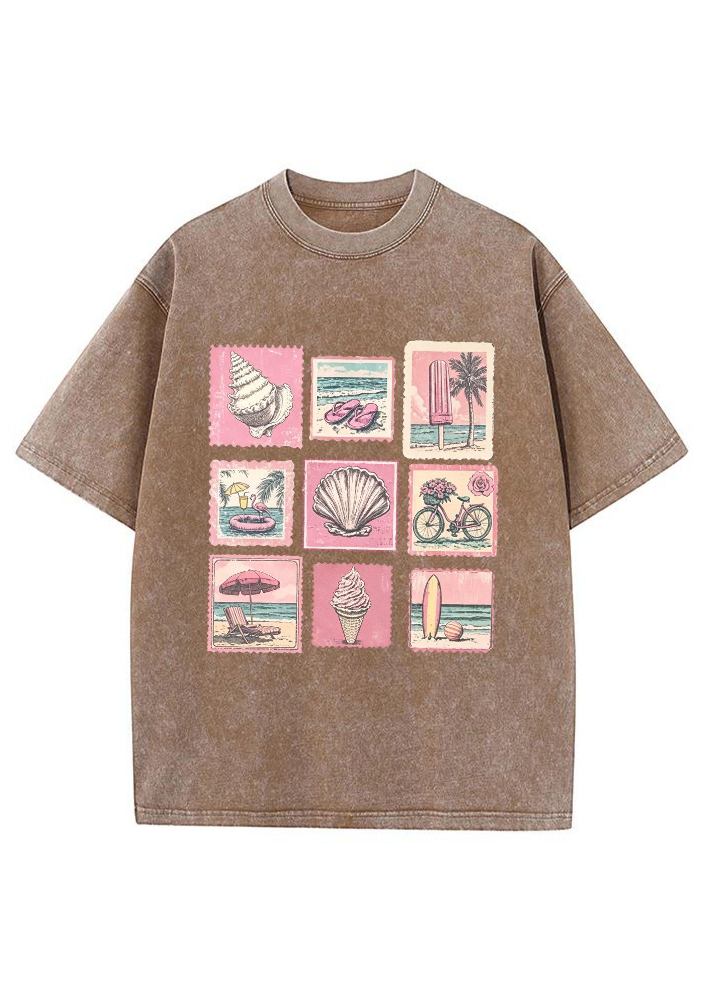 Vintage Pink Beach Stamp Collage Washed Tee