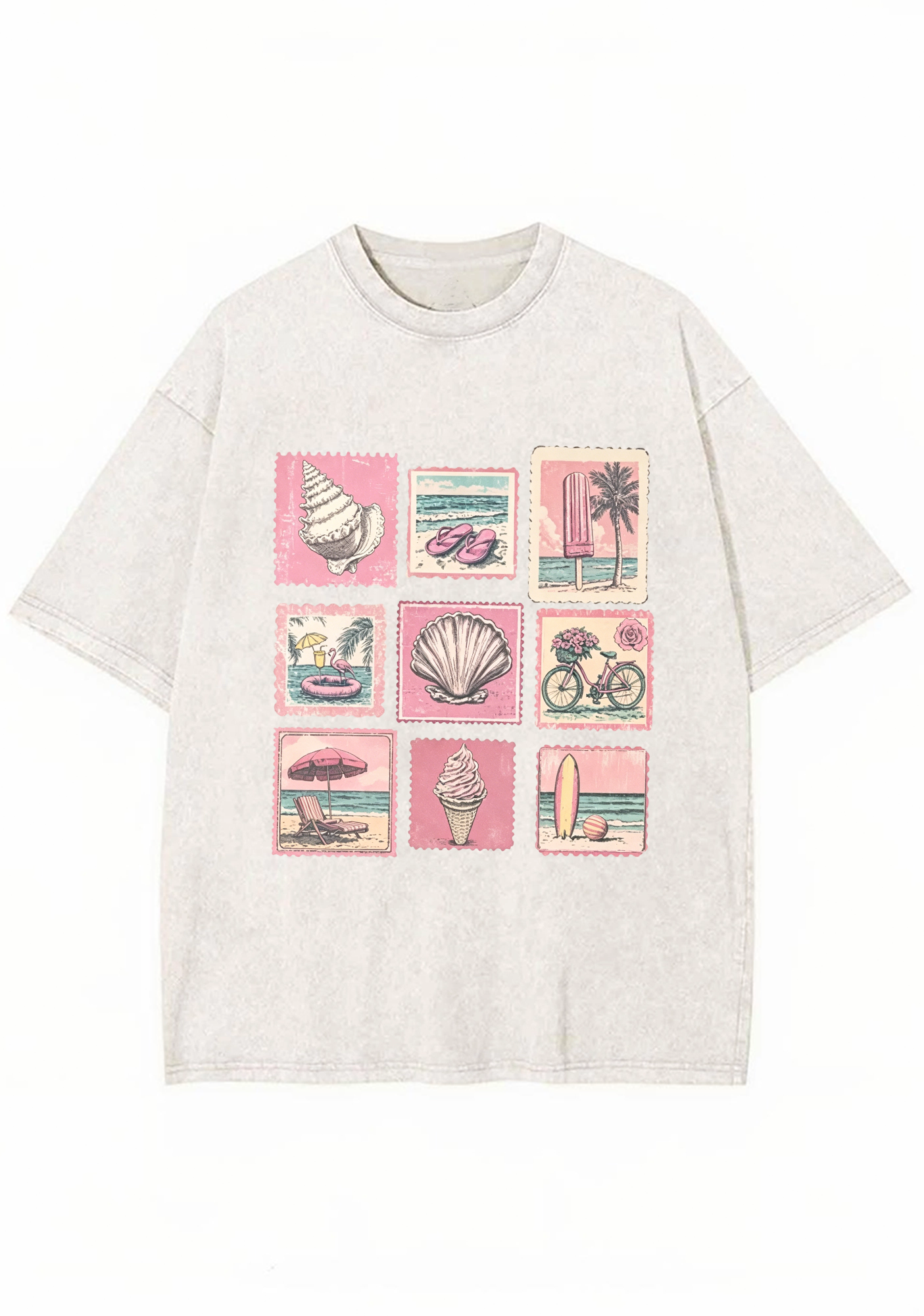 Vintage Pink Beach Stamp Collage Washed Tee
