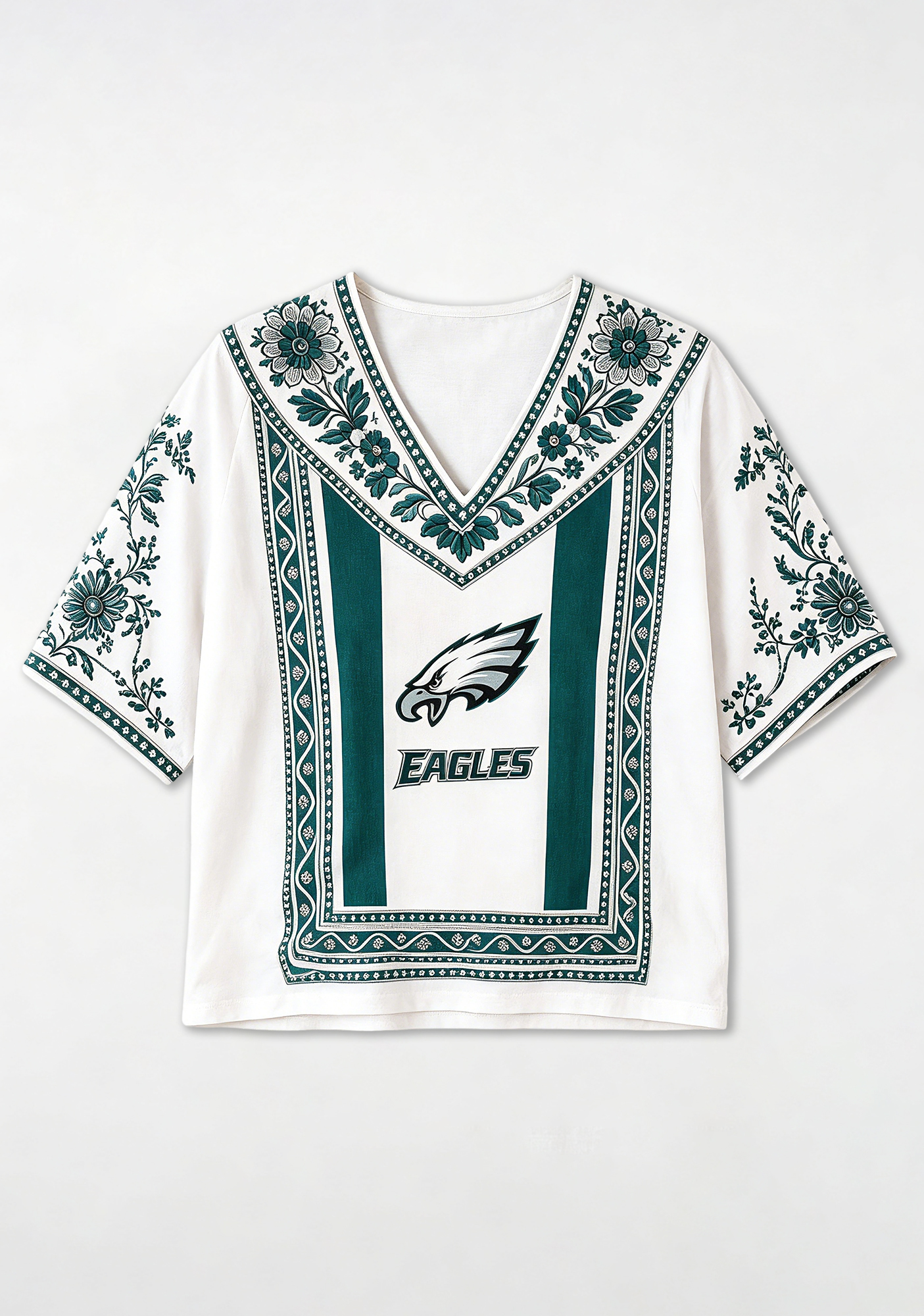 Boho Teal Floral Philadelphia Eagles V-Neck Blouse