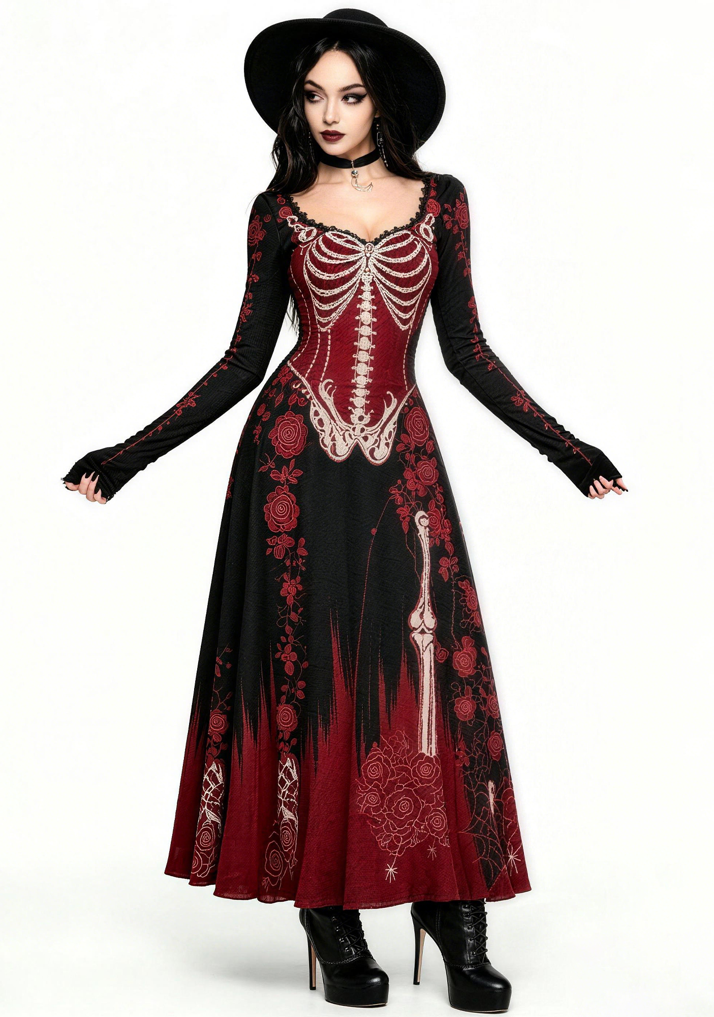 Red Rose Skeleton Gothic Vampire Maxi Dress