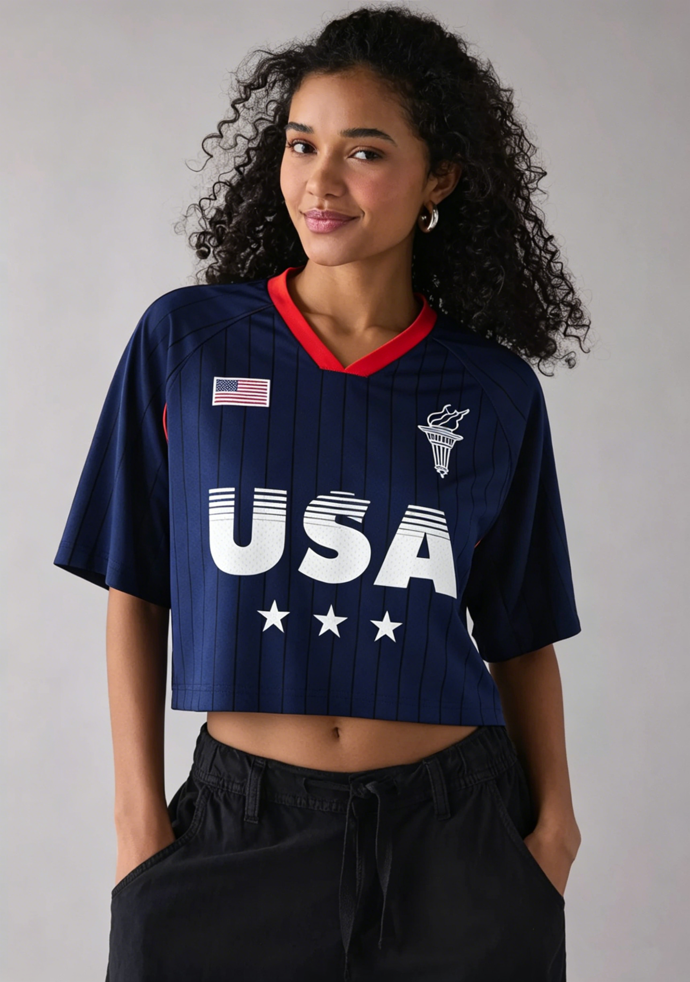 Retro USA Flag Striped Cropped Mesh Jersey Shirt