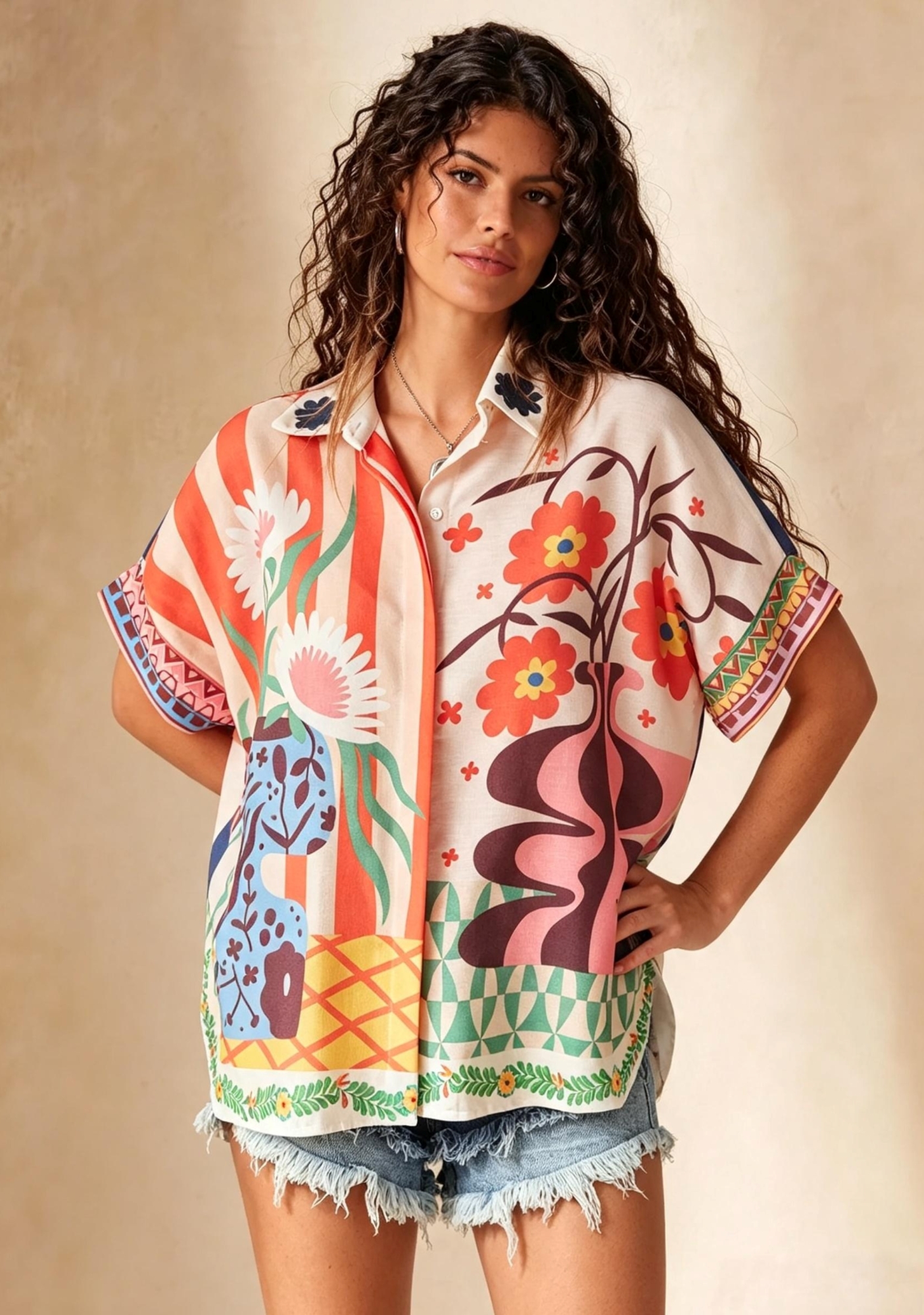 Boho Vase Floral Art Print Button Up Shirt