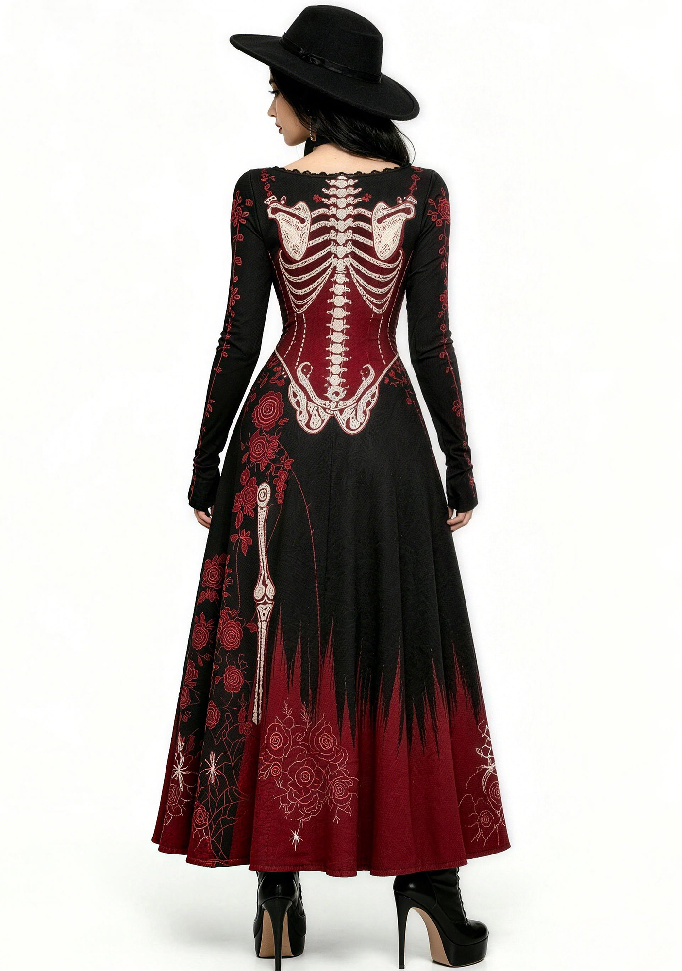 Red Rose Skeleton Gothic Vampire Maxi Dress