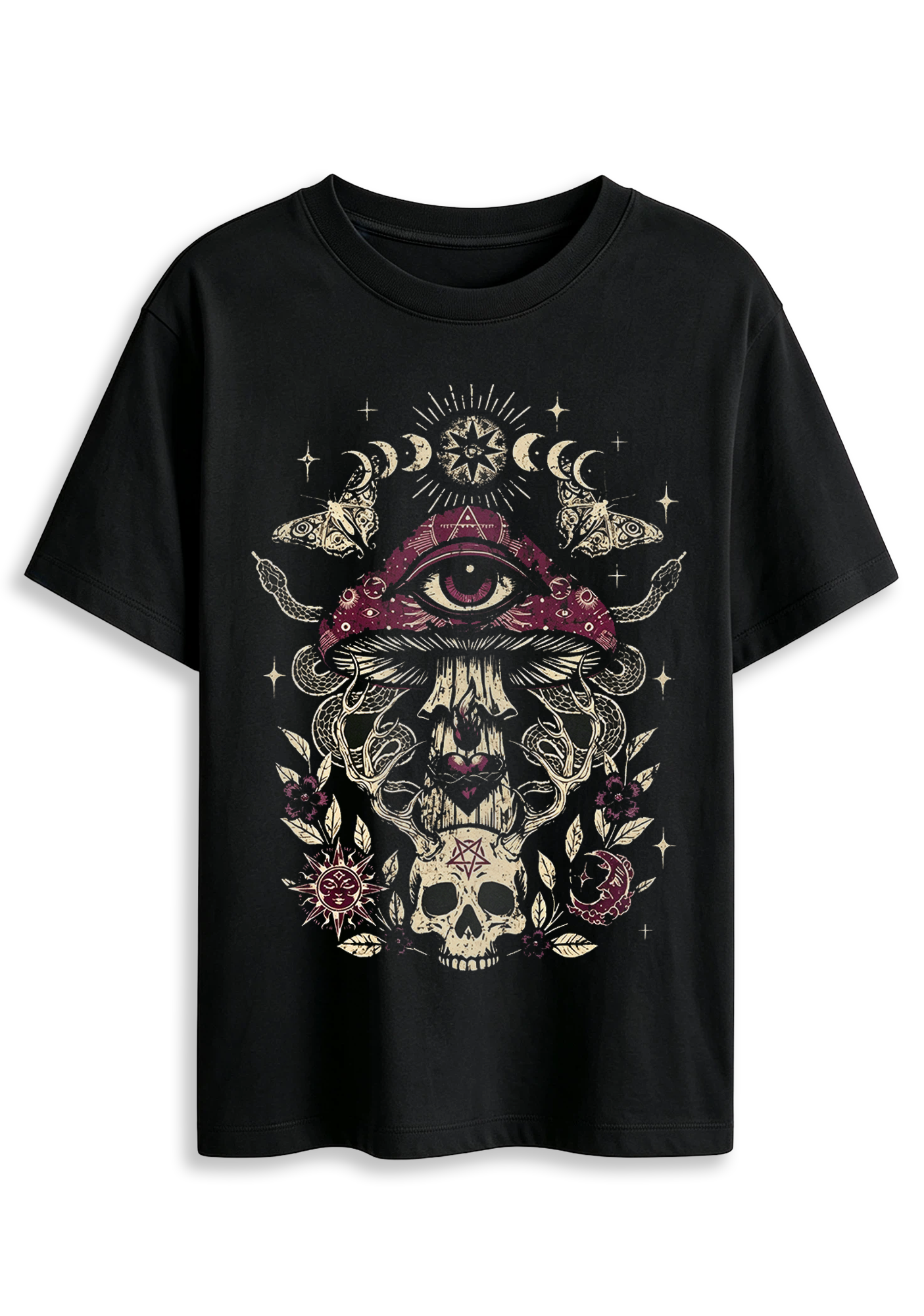 Dark Occult Mushroom Skull Snake Moon Phase Graphic T-Shirt