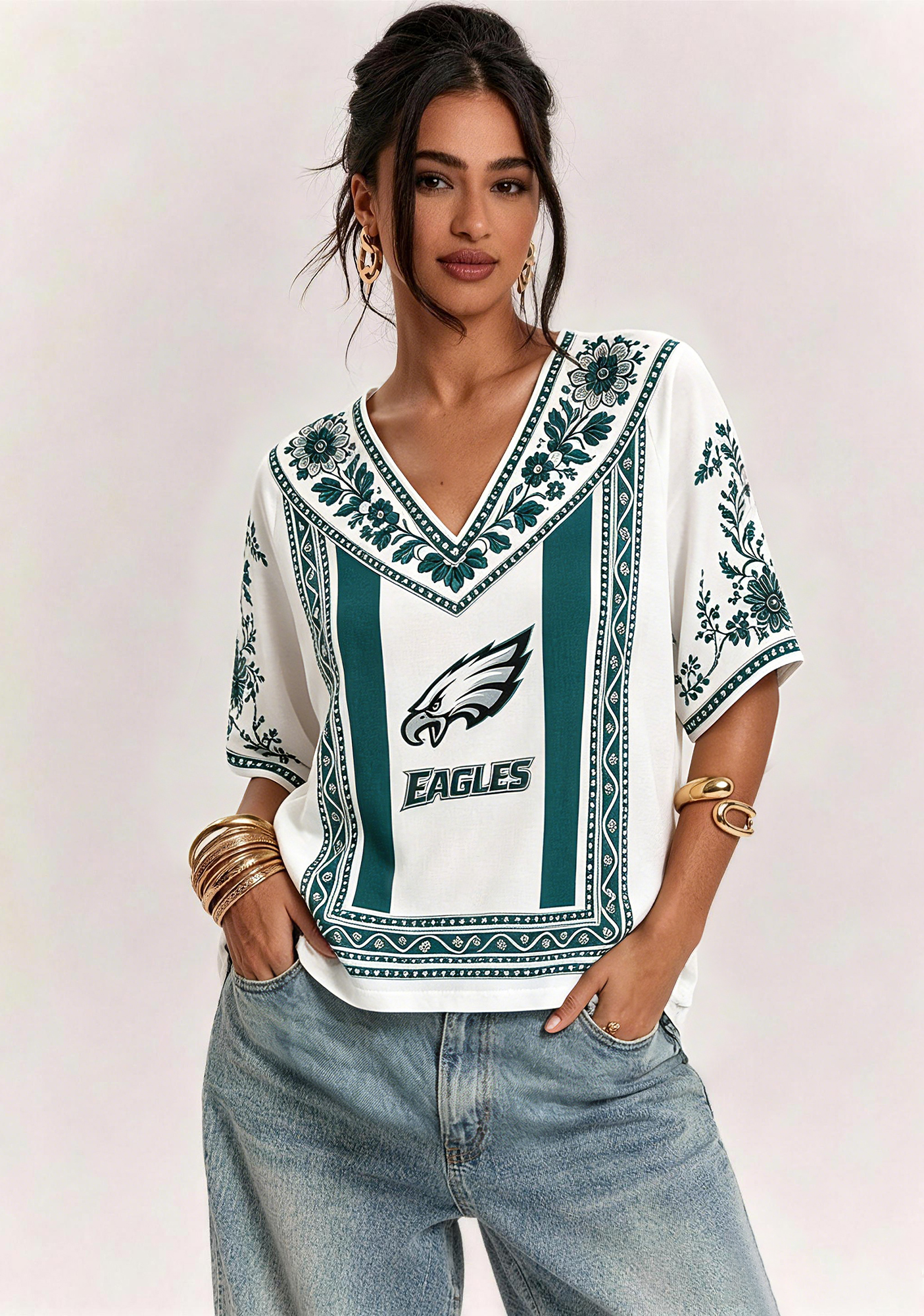 Boho Teal Floral Philadelphia Eagles V-Neck Blouse