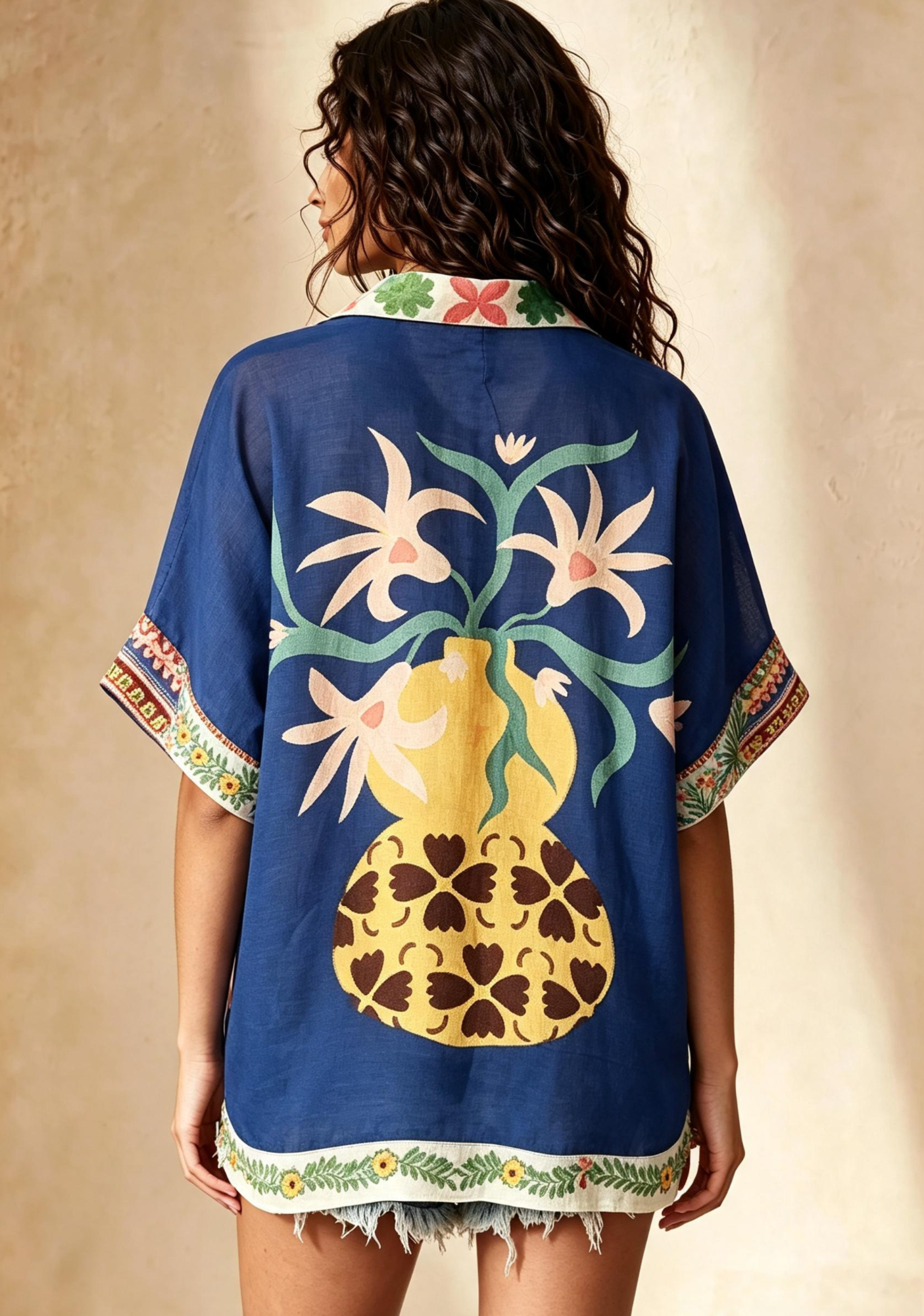 Boho Vase Floral Art Print Button Up Shirt