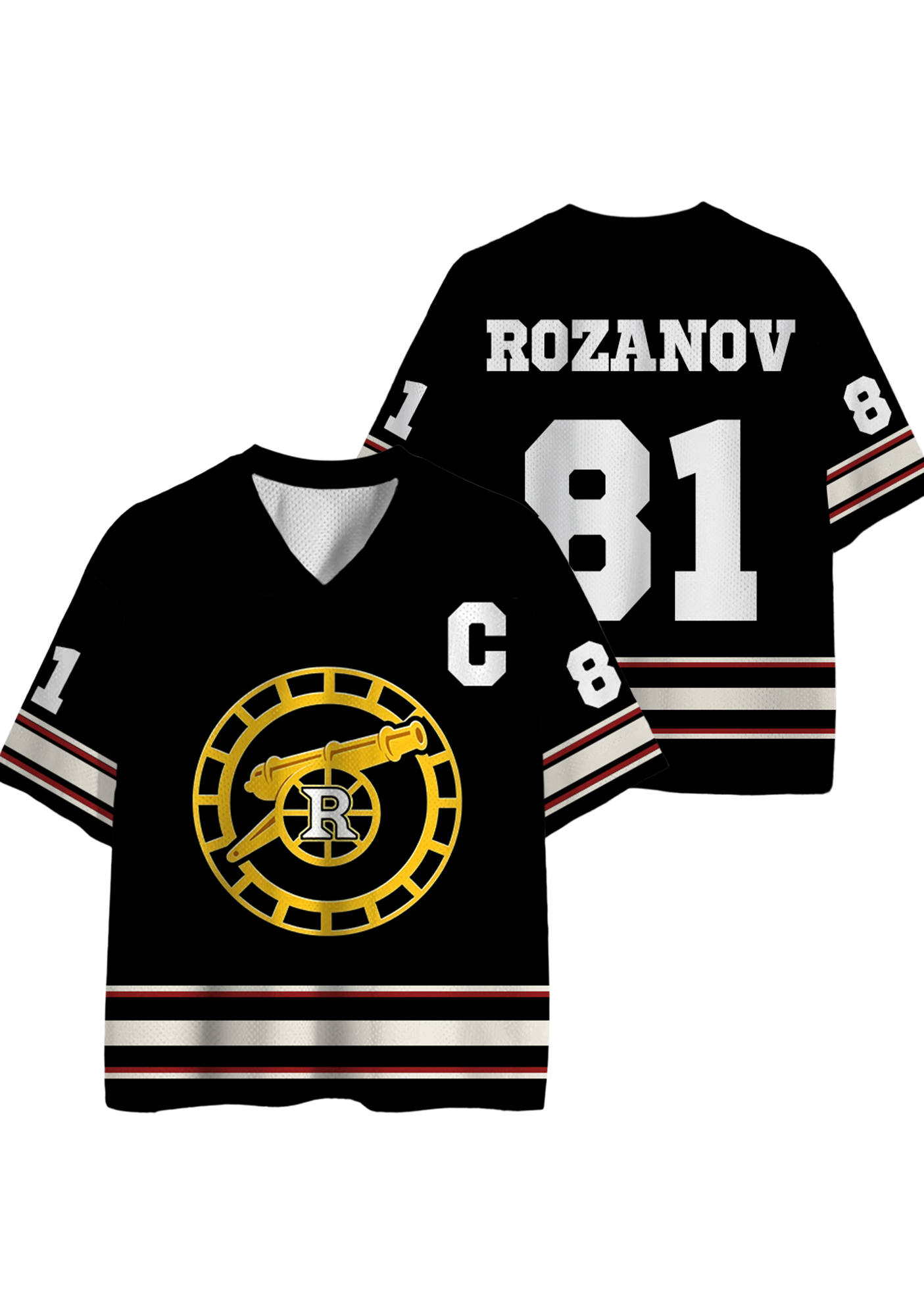 Black Retro Captain Number Stripe Hockey Short Sleeve Jersey