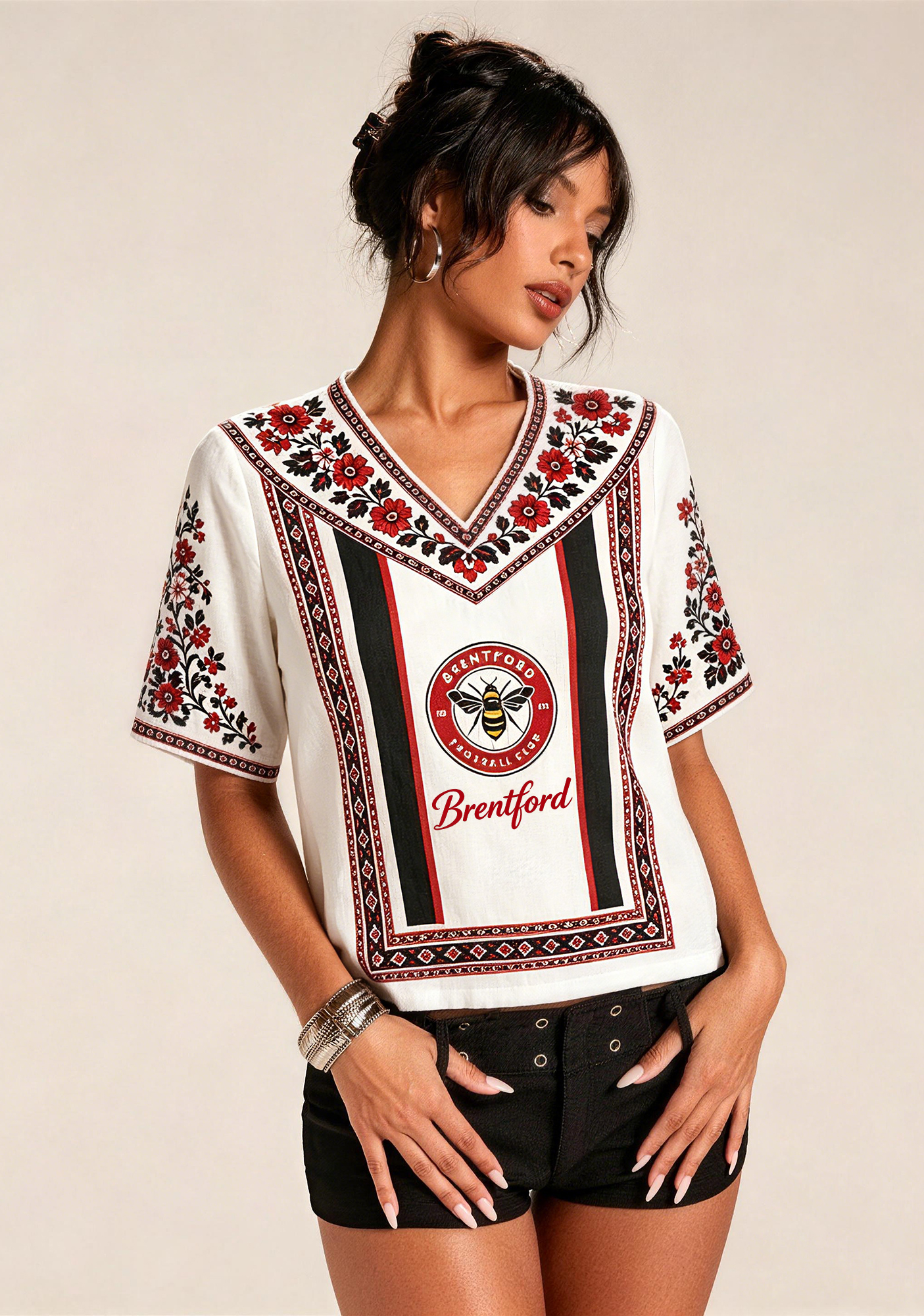 Boho Floral Border Brentford V-Neck Blouse