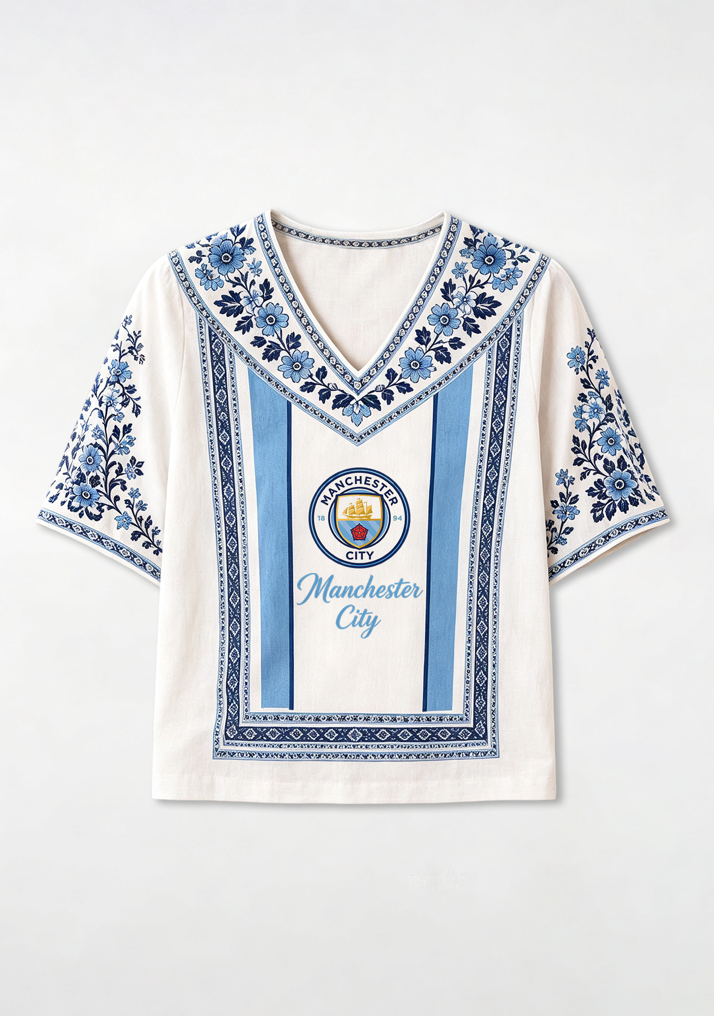 Boho Floral Border Manchester City V-Neck Blouse