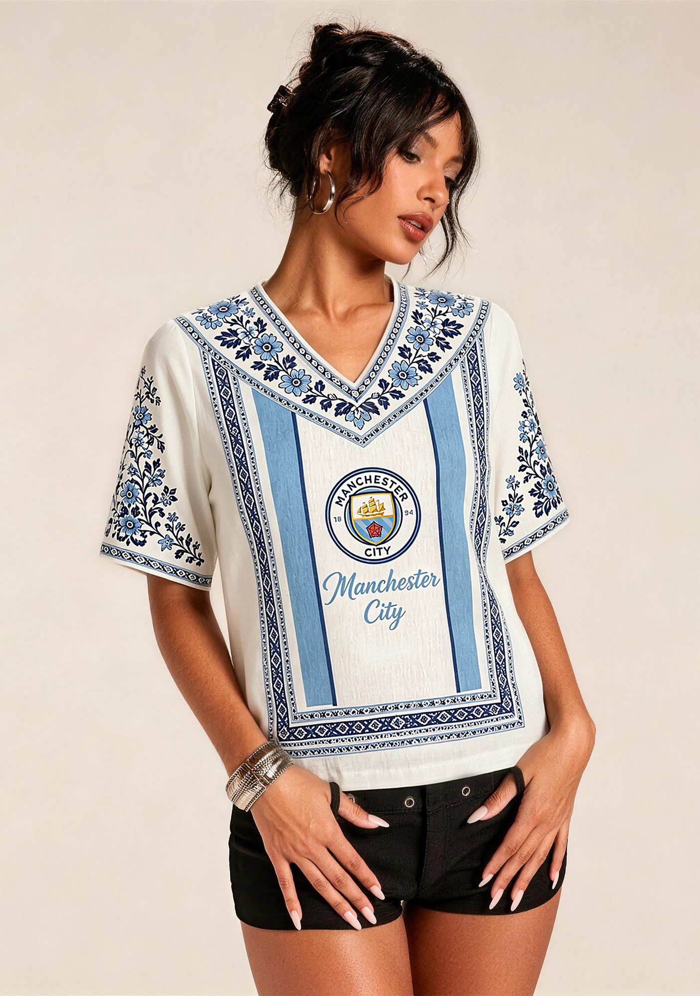 Boho Floral Border Manchester City V-Neck Blouse