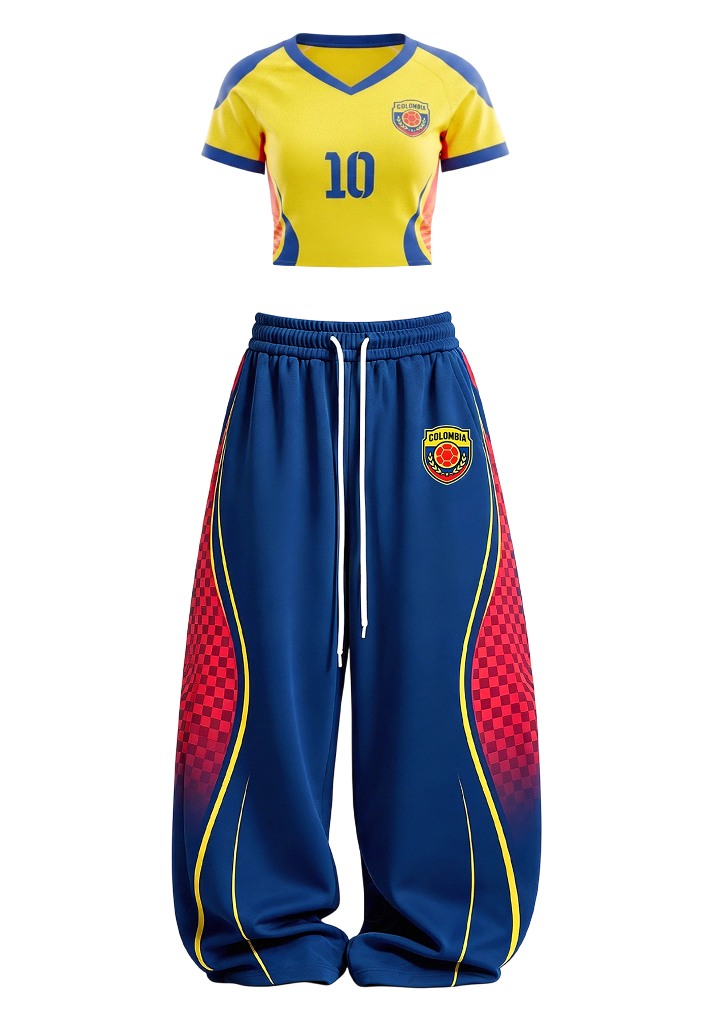 Checker Side Stripe Colombia Game Day Tops & Elasticated Trousers Two-Piece Set