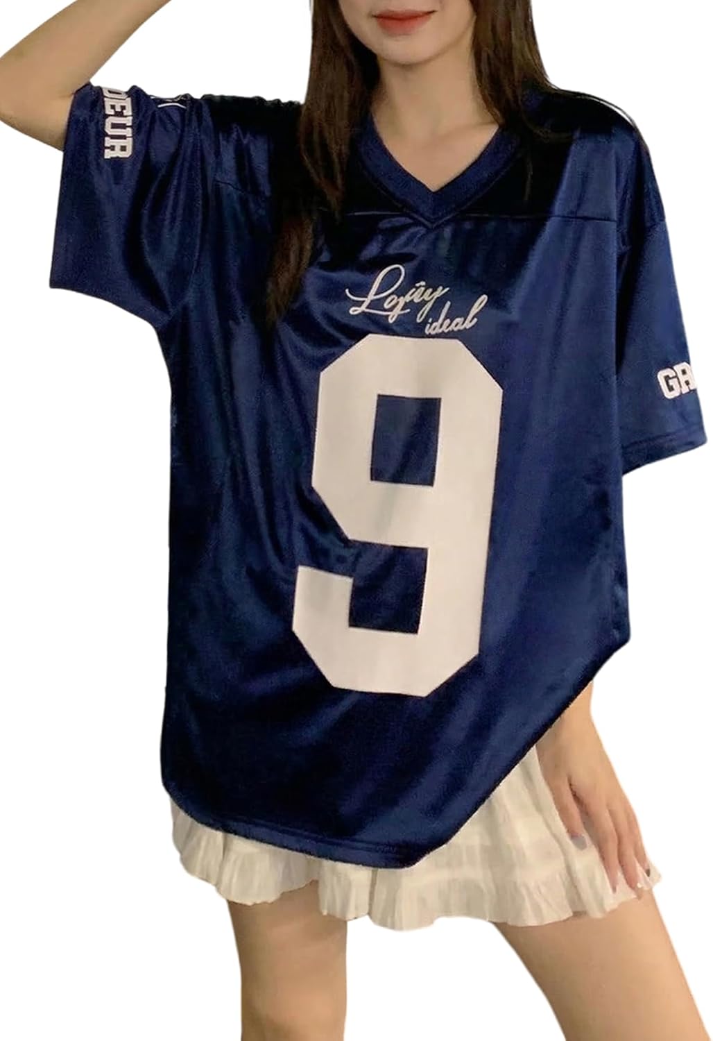 Floerns Women's Y2k Graphic Team Sports T Shirts V Neck Oversized Football Jersey Shirts Tee Tops Streetwear