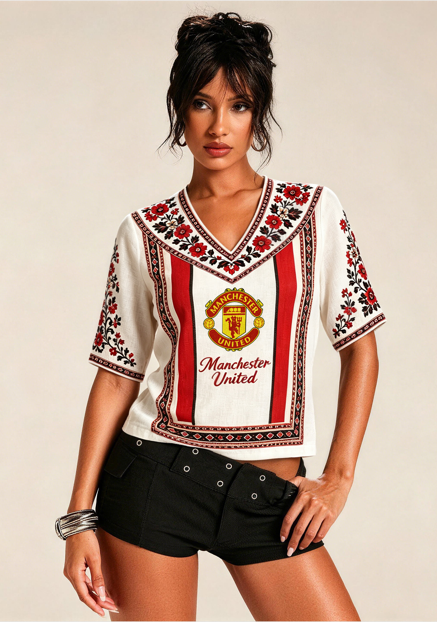 Boho Floral Border Manchester United V-Neck Blouse