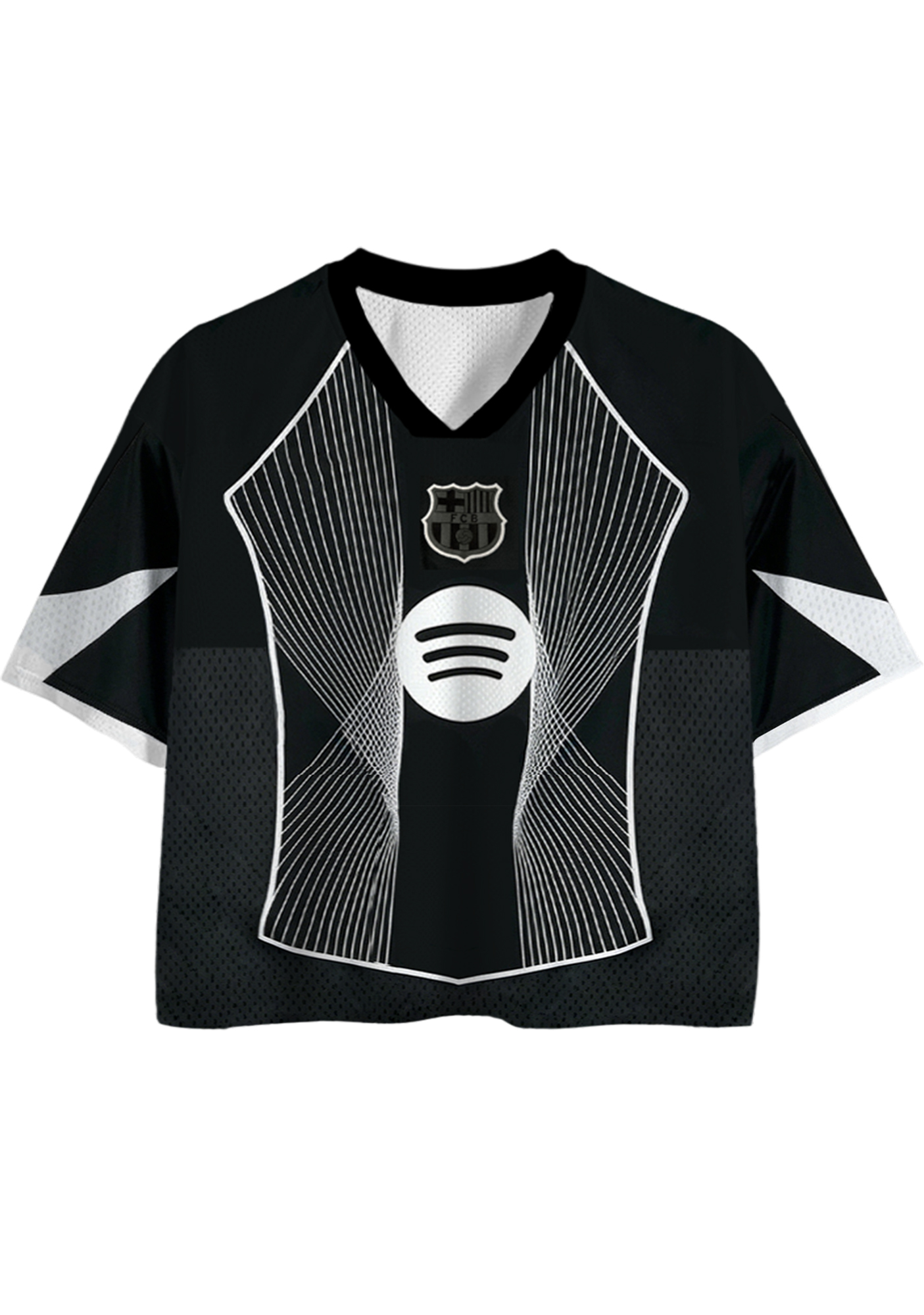 Barcelona-Inspired Black & White Cropped Mesh Jersey Shirt