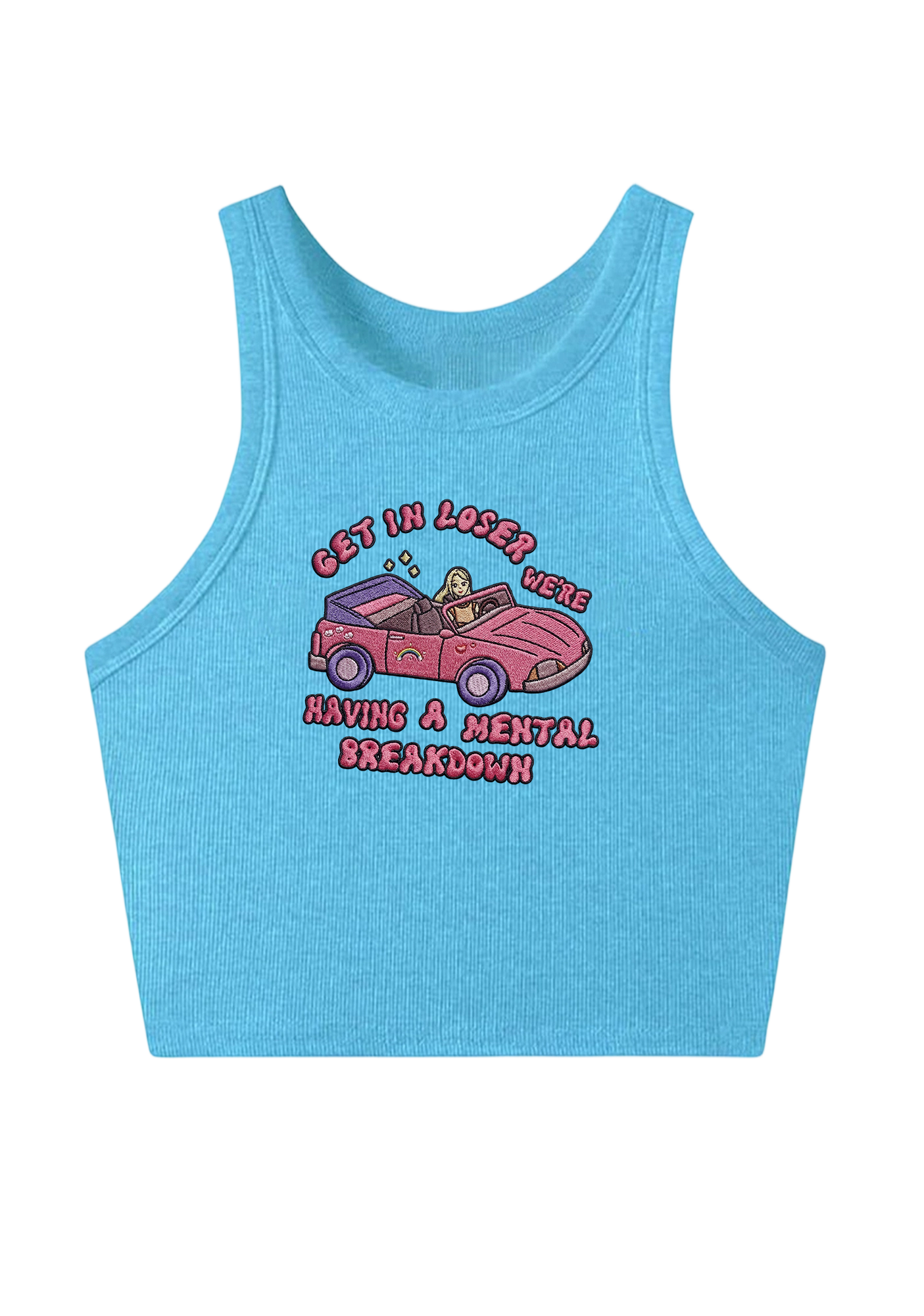 Get In Loser We're Having A Mental Breakdown Embroidery Y2K Crop Tank Top