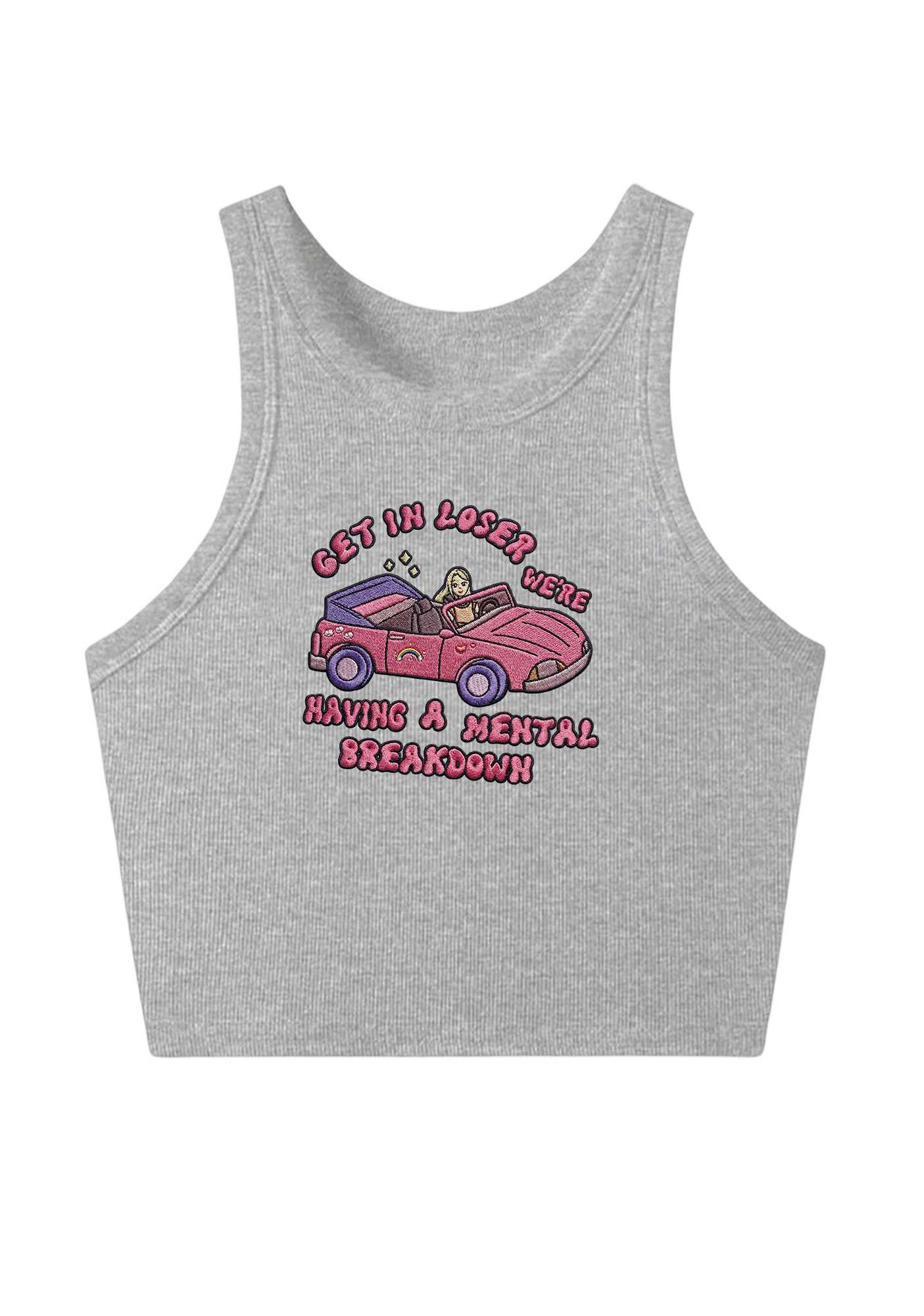 Get In Loser We're Having A Mental Breakdown Embroidery Y2K Crop Tank Top