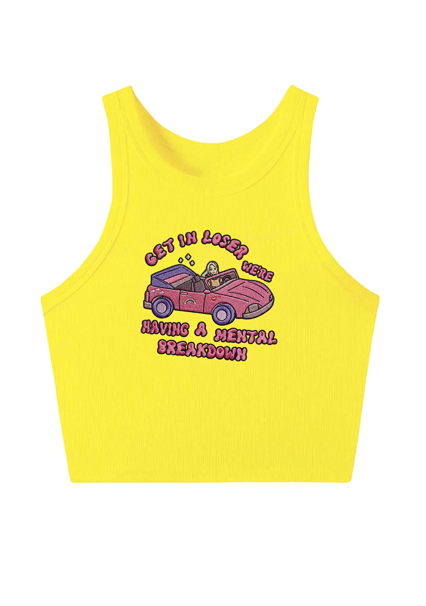 Get In Loser We're Having A Mental Breakdown Embroidery Y2K Crop Tank Top