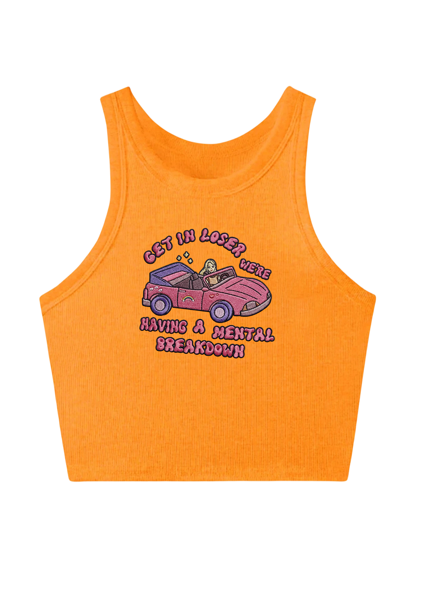 Get In Loser We're Having A Mental Breakdown Embroidery Y2K Crop Tank Top