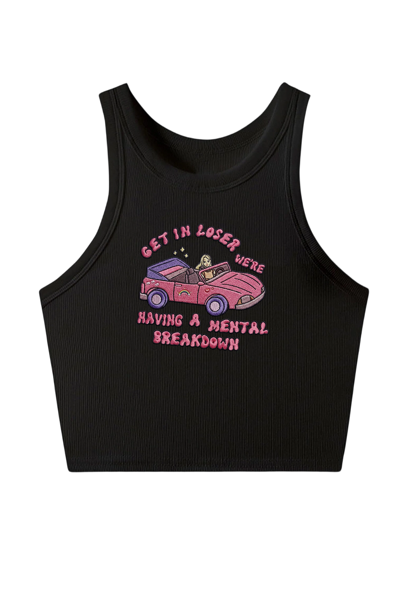 Get In Loser We're Having A Mental Breakdown Embroidery Y2K Crop Tank Top