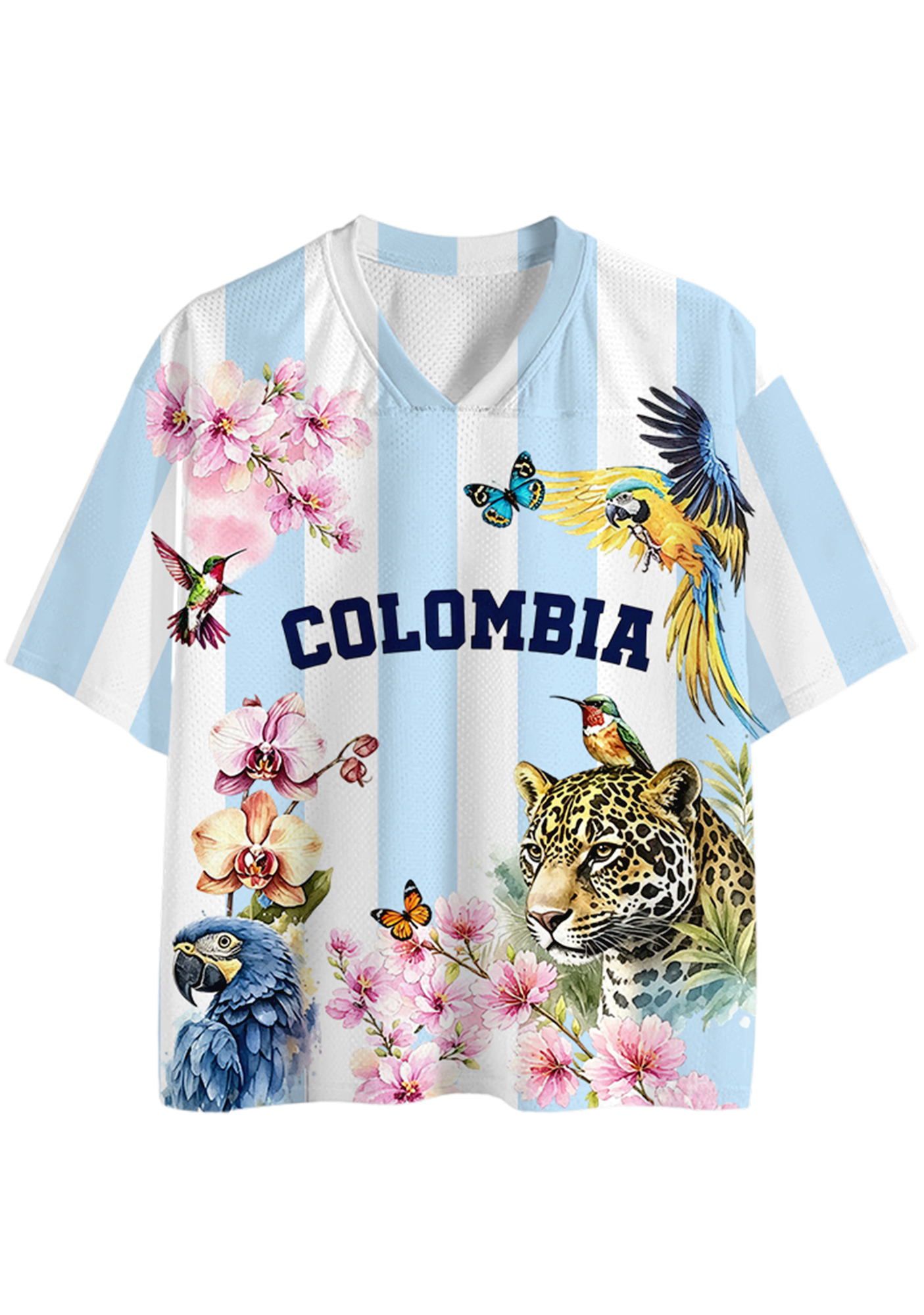 Colombia Tropical Jungle Wildlife Floral Striped Mesh Jersey Shirts