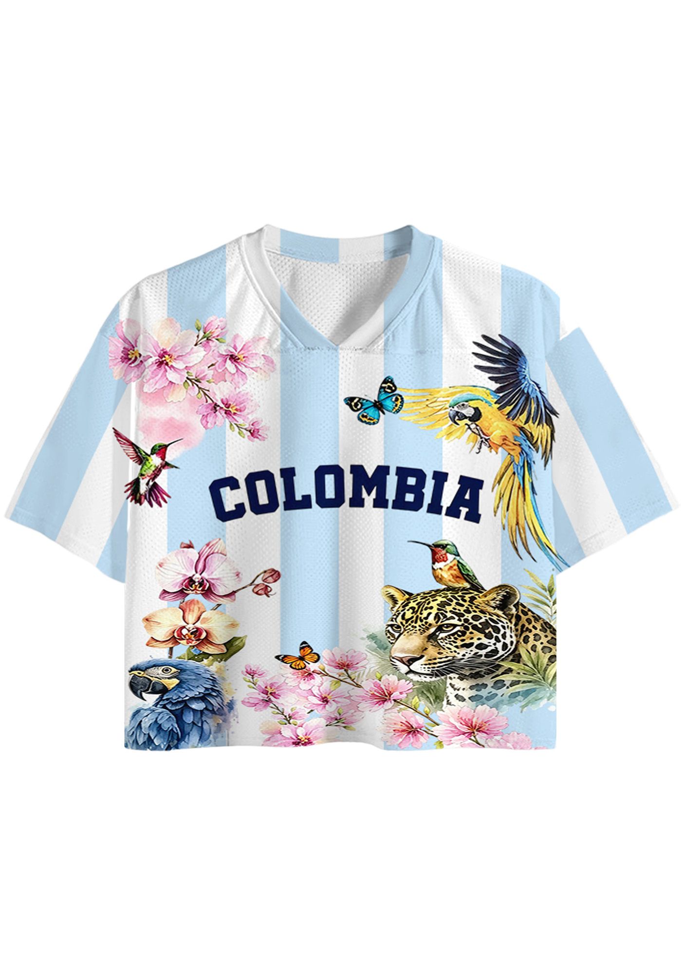 Colombia Tropical Jungle Wildlife Floral Striped Cropped Jersey Shirt