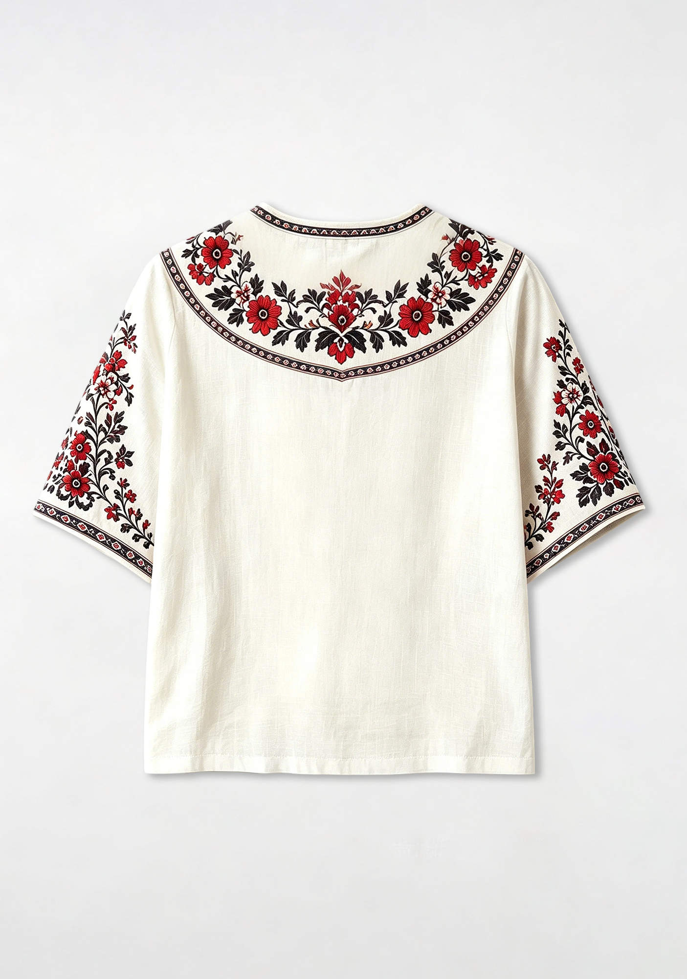 Boho Floral Border V-Neck Blouse